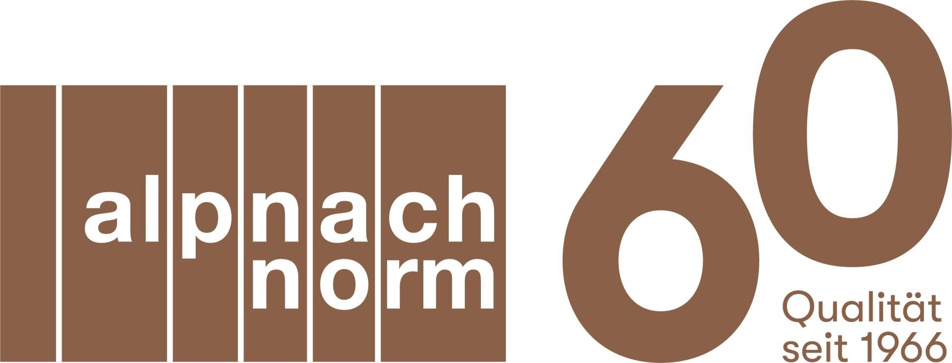 Logo avec des barres verticales brunes contenant le texte alpnach norm sur la gauche, et un grand 60 brun avec Qualität seit 1966 en dessous sur la droite, reflétant les 60 ans de la marque.