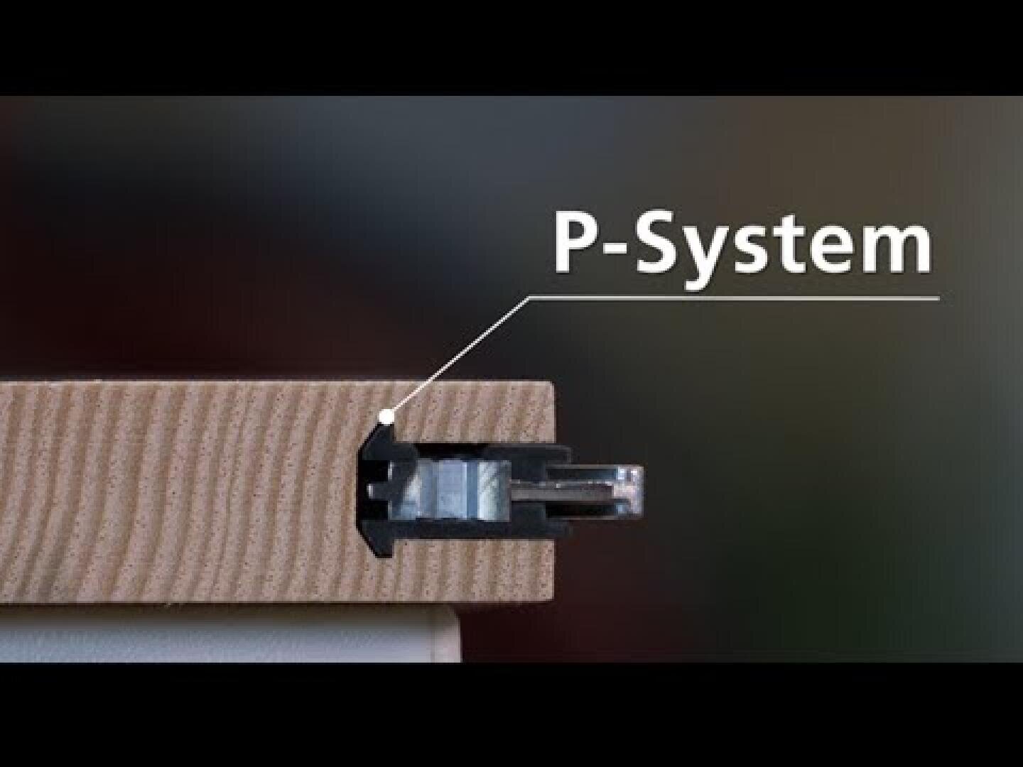 Eine Nahaufnahme eines Holzbretts zeigt einen detaillierten Querschnitt mit einem eingefügten P-System Metallverbinder; ein Etikett kennzeichnet den Verbinder mit dem Text P-System.
