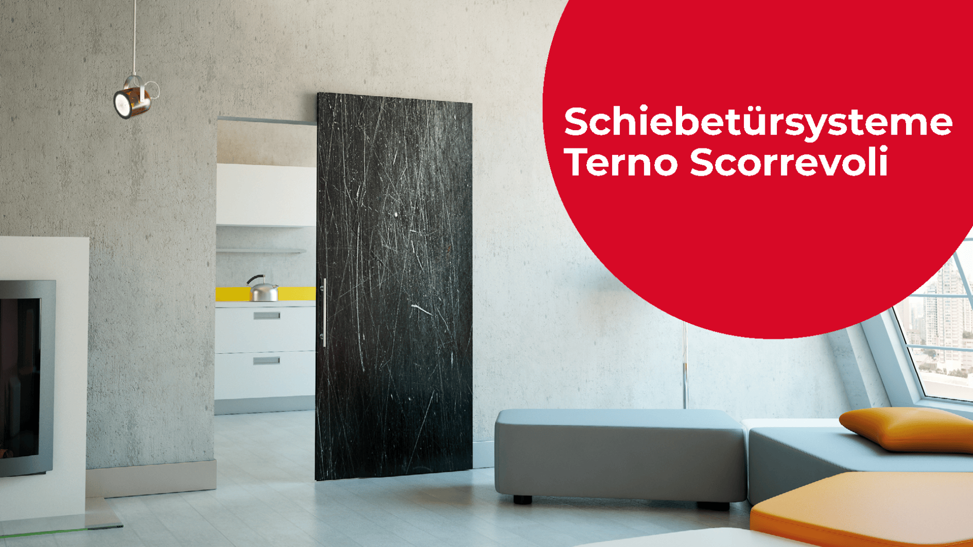 Modernes Wohnzimmer mit einer schwarzen Schiebetür, die zum Küchenbereich führt. Ein großer roter Kreis in der Ecke enthält den Text: „Schiebetürsysteme Terno Scorrevoli.“.