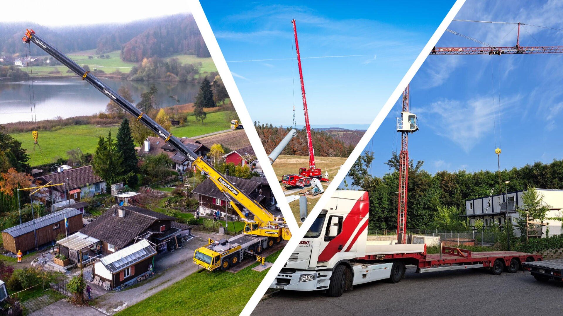 Collage de trois scènes mettant en scène des grues : l'une soulevant du matériel près d'un village au bord d'un lac, l'autre sur un chantier rural, et la troisième soulevant une personne dans un panier près d'un camion et d'arbres sous un ciel bleu.