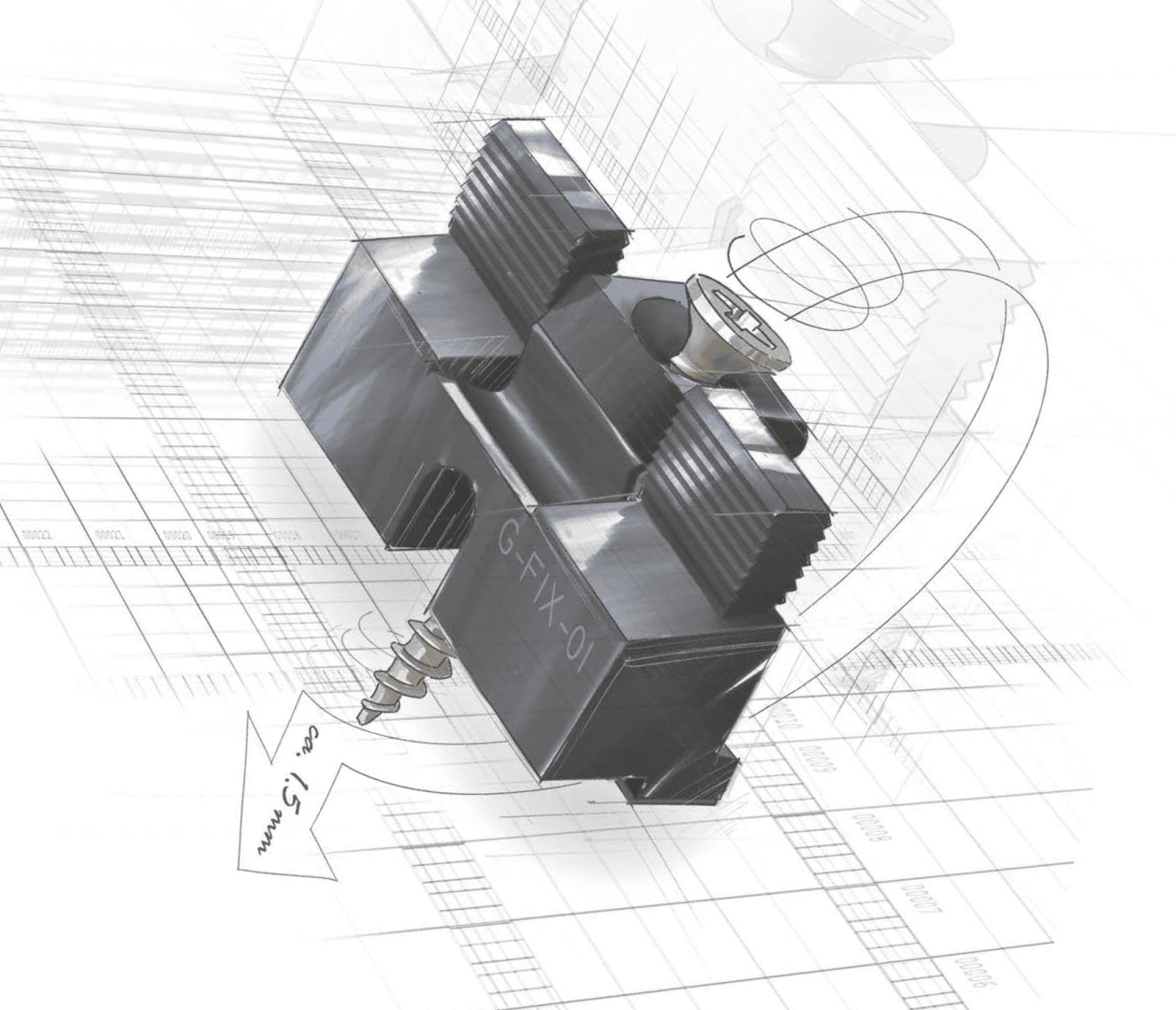 Ein schwarzes mechanisches Bauteil mit geriffelten Seiten und sichtbaren Schrauben schwebt über technischen Zeichnungen und Diagrammen, wobei ein skizzierter Pfeil und geschwungene Linien auf Bewegungen oder Montageanweisungen hinweisen.