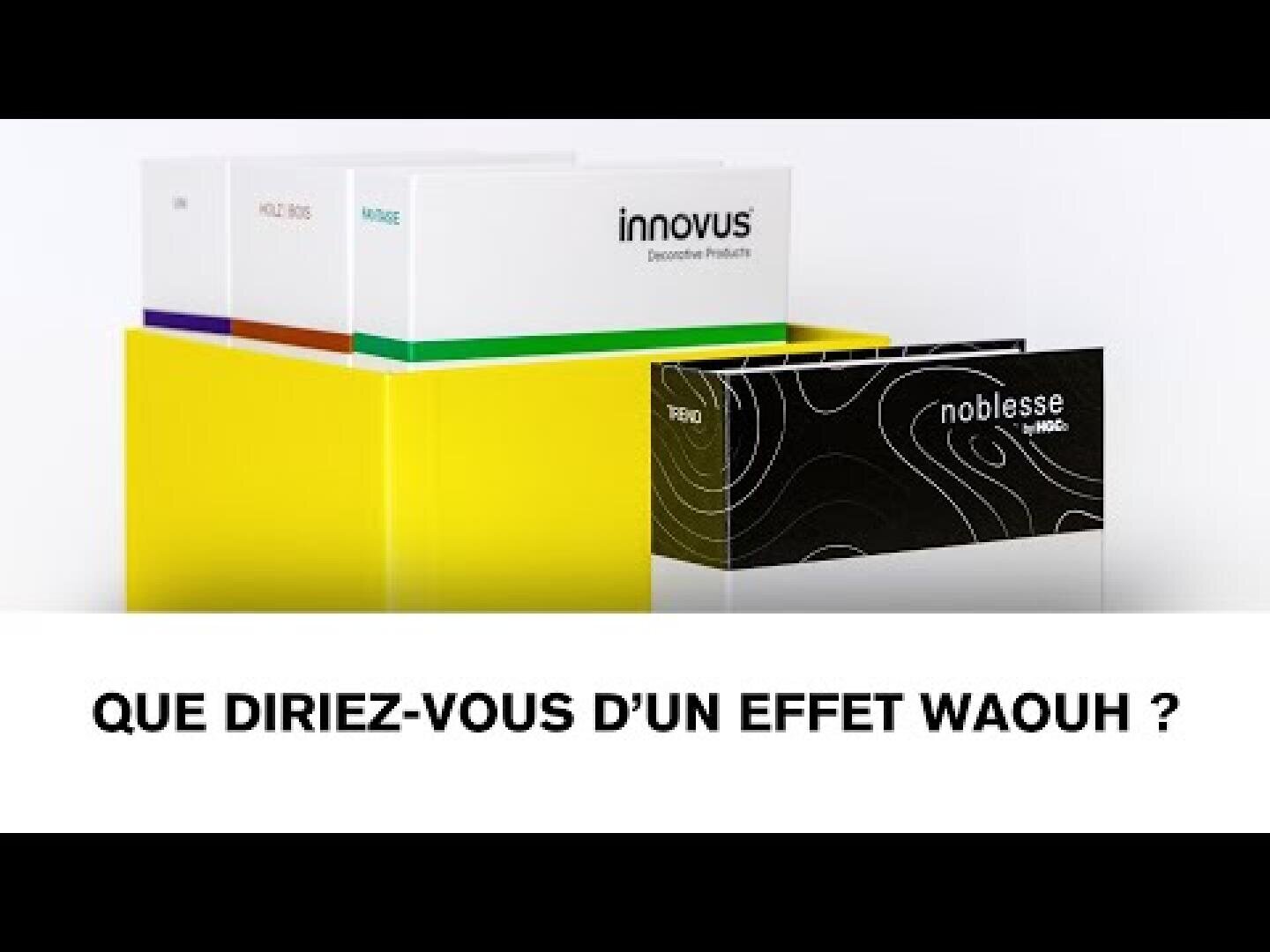 Plusieurs boîtes d'échantillons empilées avec différents dessins et étiquettes (dont innovus et noblesse) sont présentées avec le texte QUE DIRIEZ-VOUS D'UN EFFET WAOUH ? en dessous.