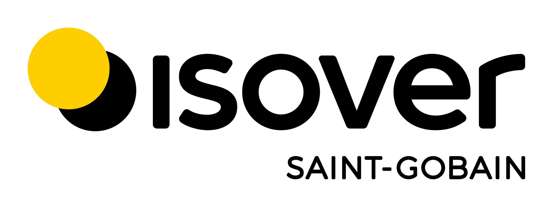 Le logo Isover montre le mot isover en lettres noires grasses avec un cercle jaune qui chevauche partiellement un cercle noir sur le côté gauche. En dessous d'isover, le texte SAINT-GOBAIN apparaît en caractères noirs plus petits.