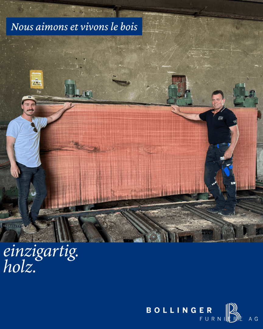 Dans un atelier, deux hommes se tiennent de part et d'autre d'une grande plaque de bois polie et sourient à la caméra. Des bannières bleues affichent des textes en français et en allemand. La marque Bollinger Furnier AG est visible en bas.