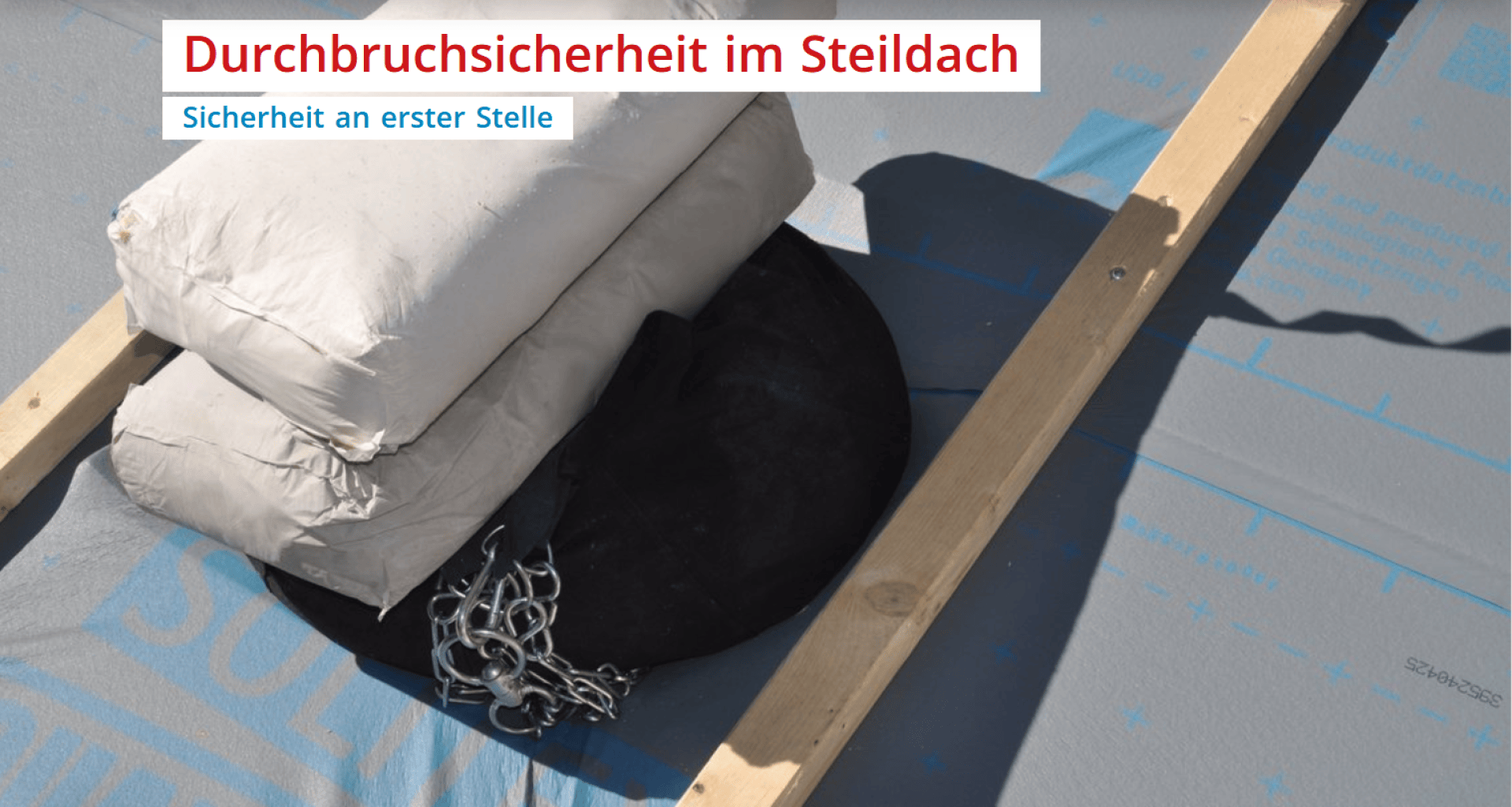 Zwei Holzbalken und ein Sandsack beschweren ein schwarzes rundes Objekt mit Ketten auf einer schrägen Dachunterlage. Der deutsche Text darüber lautet: "Durchbruchsicherheit im Steildach. Sicherheit an erster Stelle.".