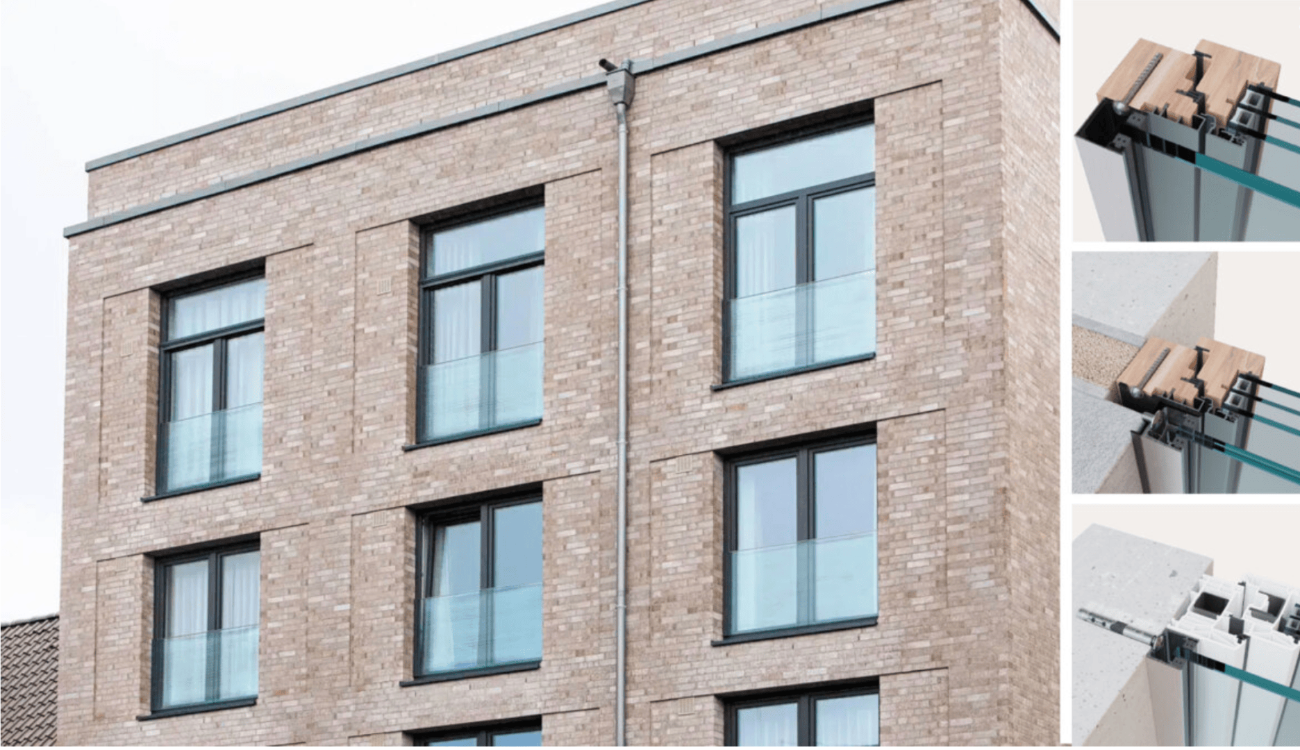 Un bâtiment moderne en briques avec de grandes fenêtres et des garde-corps en verre. À droite, trois images en gros plan montrent les détails du cadre de la fenêtre et de l'installation du verre.