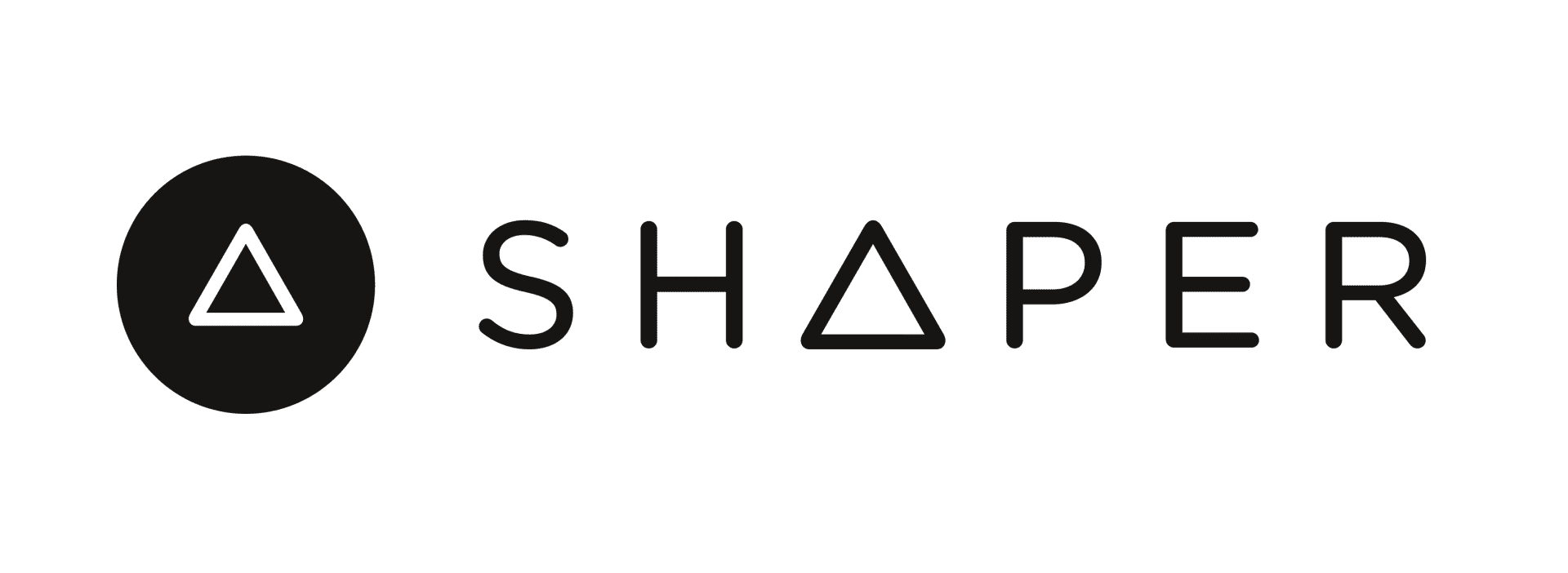 Schwarz-weißes Logo mit einem schwarzen Kreis, der ein weißes Dreieck enthält, gefolgt von dem Wort SHAPER in moderner Schrift, wobei das A durch ein Dreieck dargestellt wird.