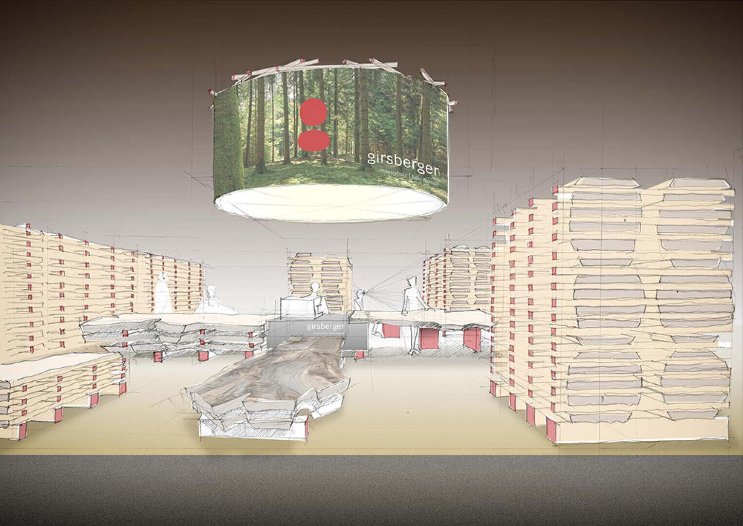 Illustration d'une salle d'exposition spacieuse avec des madriers en bois empilés des deux côtés, une grande bannière ronde au plafond avec un motif de forêt et le logo Girsberger ainsi que des tables en panneaux de bois naturel au centre.