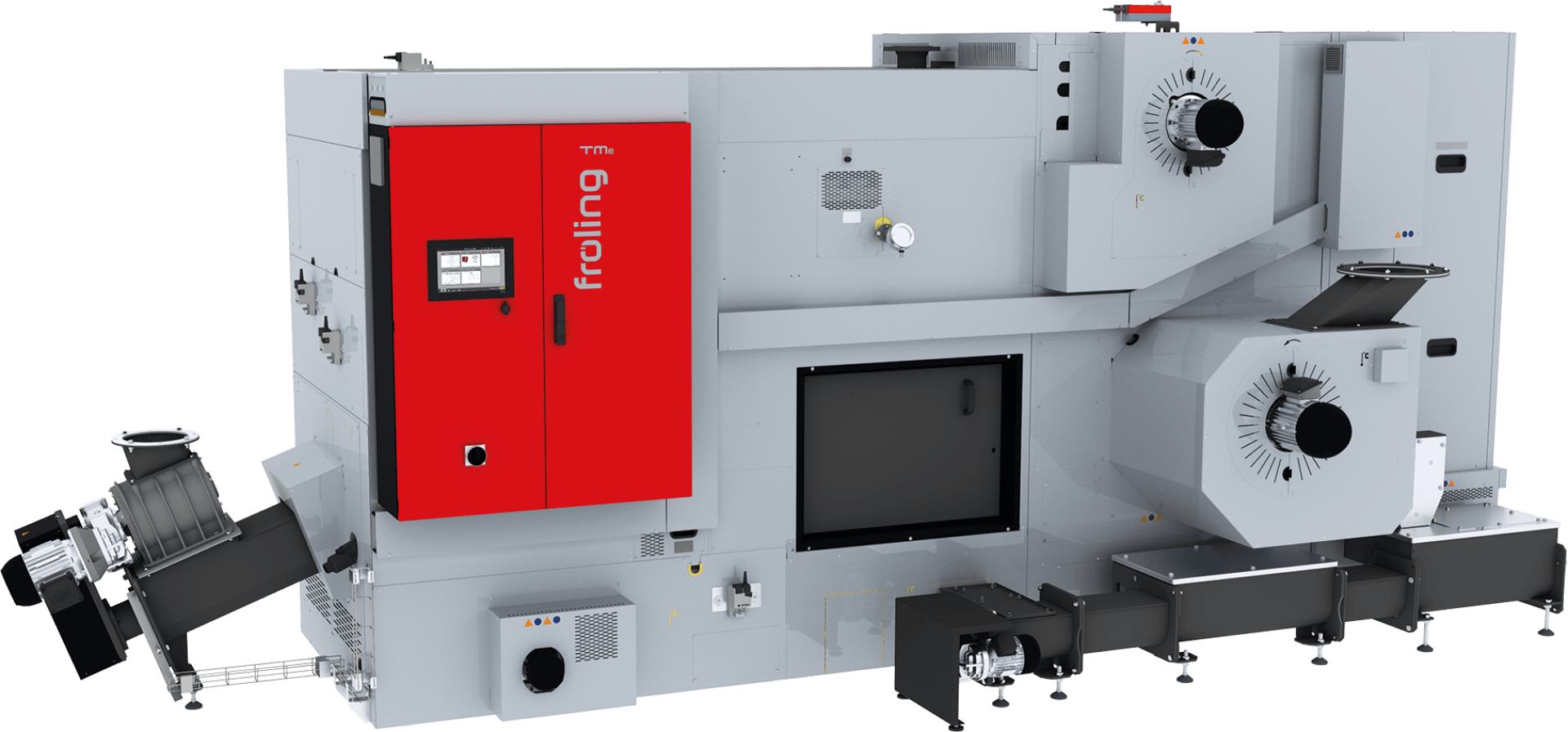 Eine große, grau-rote Industriemaschine mit mehreren Entlüftungsöffnungen, Verkleidungen und Förderbändern mit der Aufschrift Froling T4e. Die Maschine wirkt modern und wird für die Verarbeitung oder den Transport von Materialien verwendet.