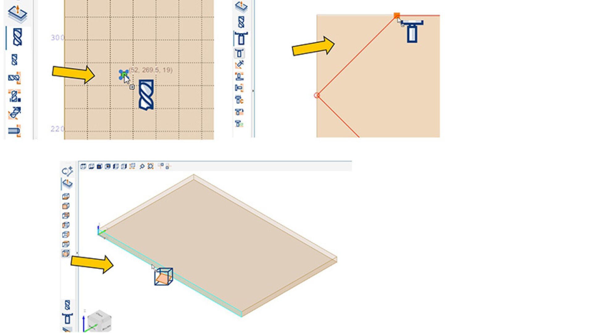 Drei Screenshots von CAD-Software mit gelben Pfeilen, die auf Symbole und Aktionen zeigen: Auswählen eines Werkzeugs, Zeichnen einer Linie auf einer Ebene und Anzeigen eines rechteckigen 3D-Objekts aus einem Winkel mithilfe des Navigationswürfels.