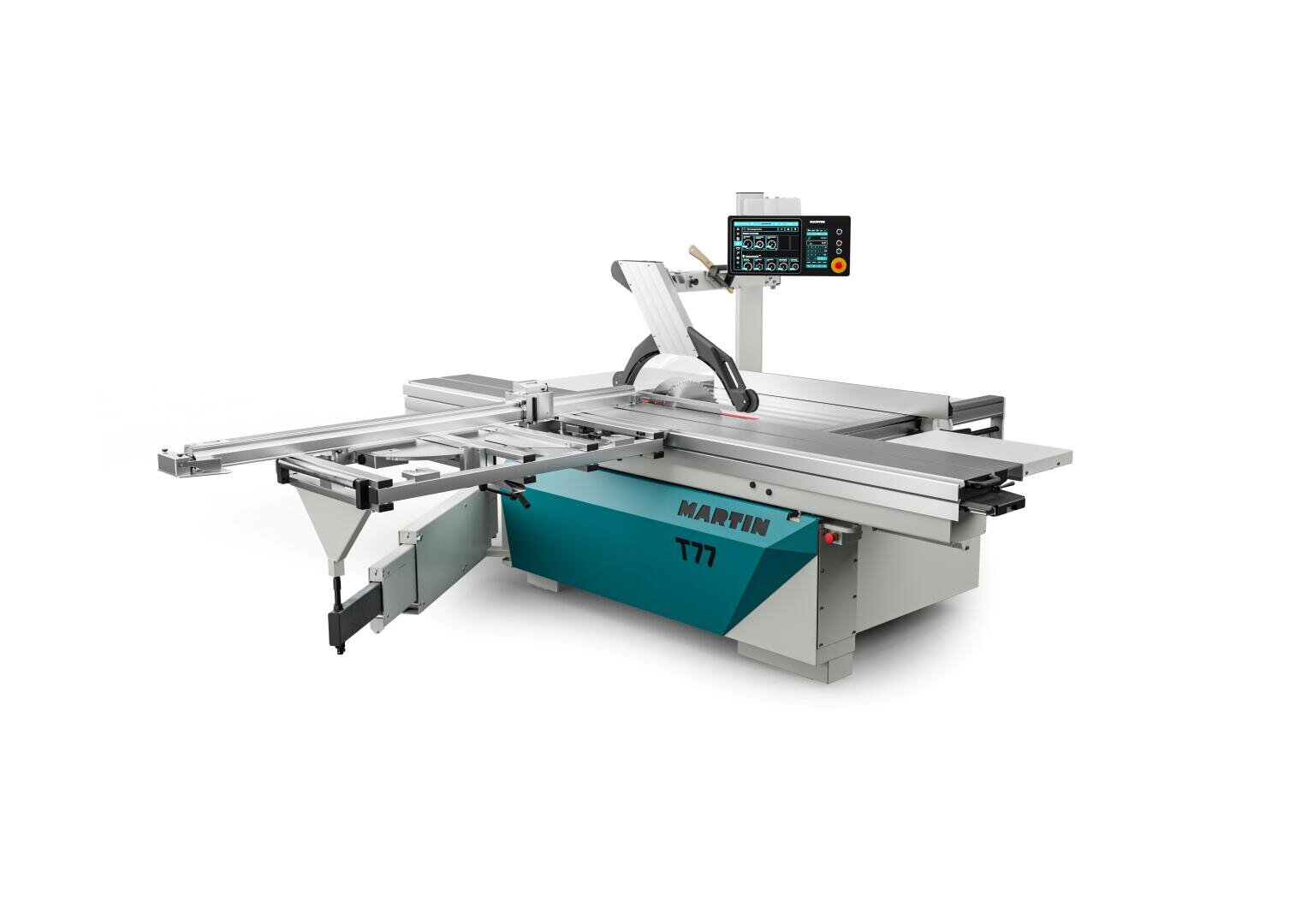 Eine große industrielle Tischsäge mit digitalem Bedienfeld mit der Bezeichnung Martin T77, die mit einem Schiebetisch, einem Schutzgitter und verschiedenen Einstellhebeln ausgestattet ist und für die präzise Holzbearbeitung konzipiert wurde.