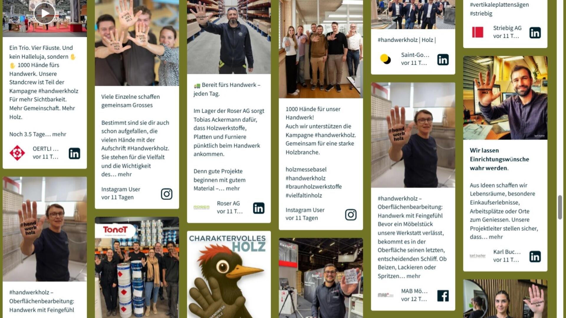 Un collage de contributions aux médias sociaux montre des personnes souriantes qui lèvent une main avec une inscription et célèbrent l'artisanat. On y voit des photos de groupe et individuelles, des textes en allemand et différents logos et hashtags.