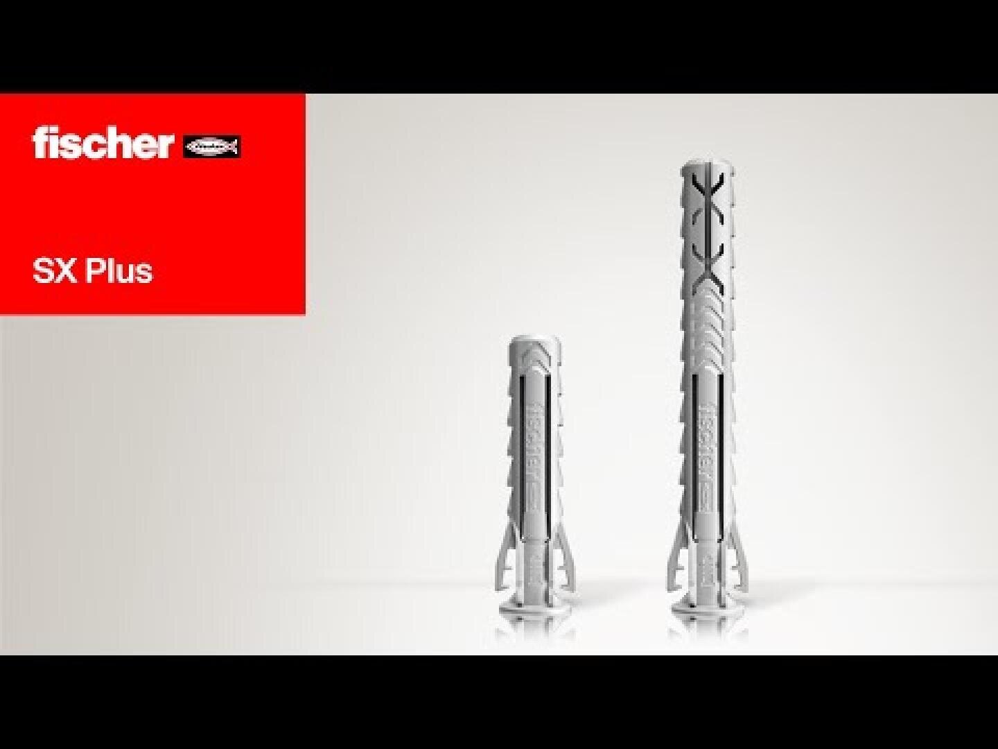 Zwei unterschiedlich große Wandsteckdosen aus grauem Kunststoff stehen auf einer weißen Fläche. In der oberen linken Ecke befindet sich ein roter Rahmen, der das Fischer-Logo und den Text SX Plus zeigt.