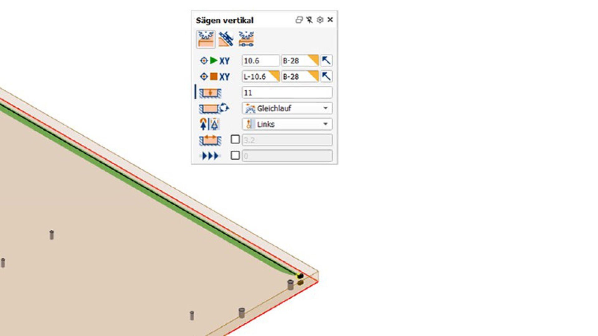 Capture d'écran montrant l'interface d'un logiciel de CAO avec un panneau d'outil de sciage vertical ouvert, affichant les paramètres réglables. Une partie d'un modèle 3D dont les arêtes et les coordonnées sont mises en évidence est visible sur le côté gauche.