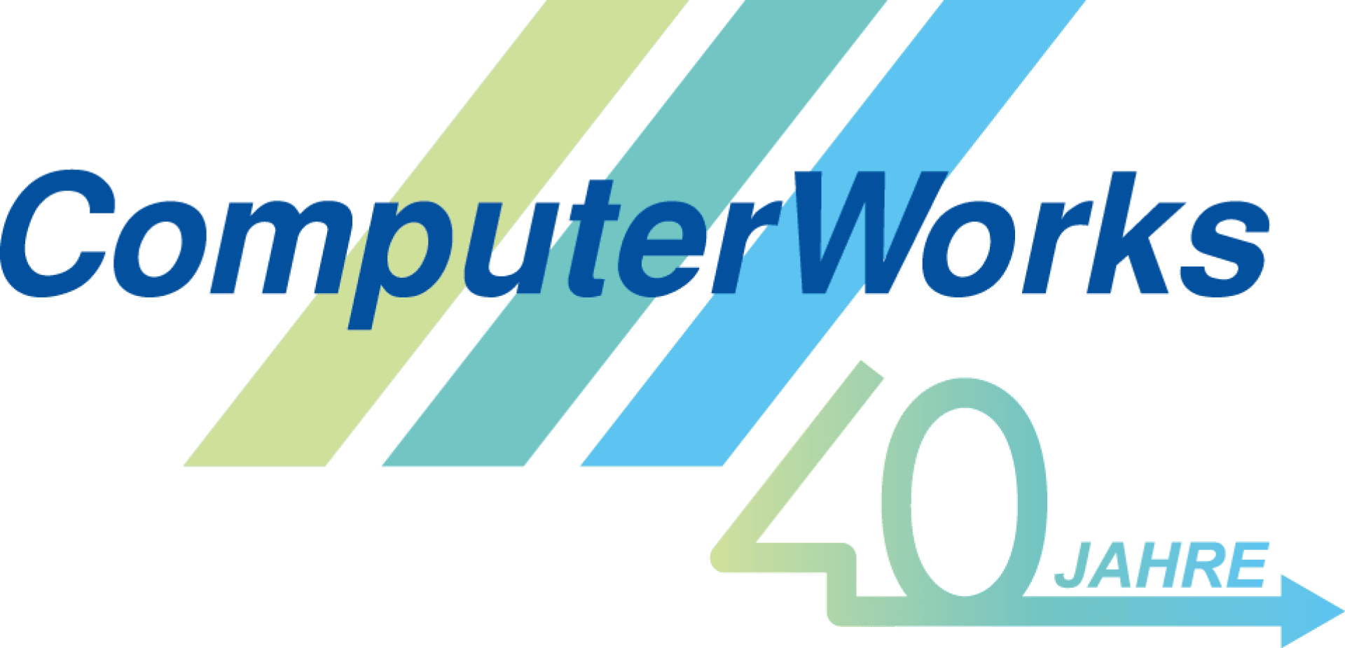 Logo mit drei diagonalen Streifen in Grün, Blaugrün und Blau hinter dem Text „ComputerWorks“. Darunter die Zahl 40 und das Wort „JAHRE“ mit einem Pfeil zum 40-jährigen Firmenjubiläum.