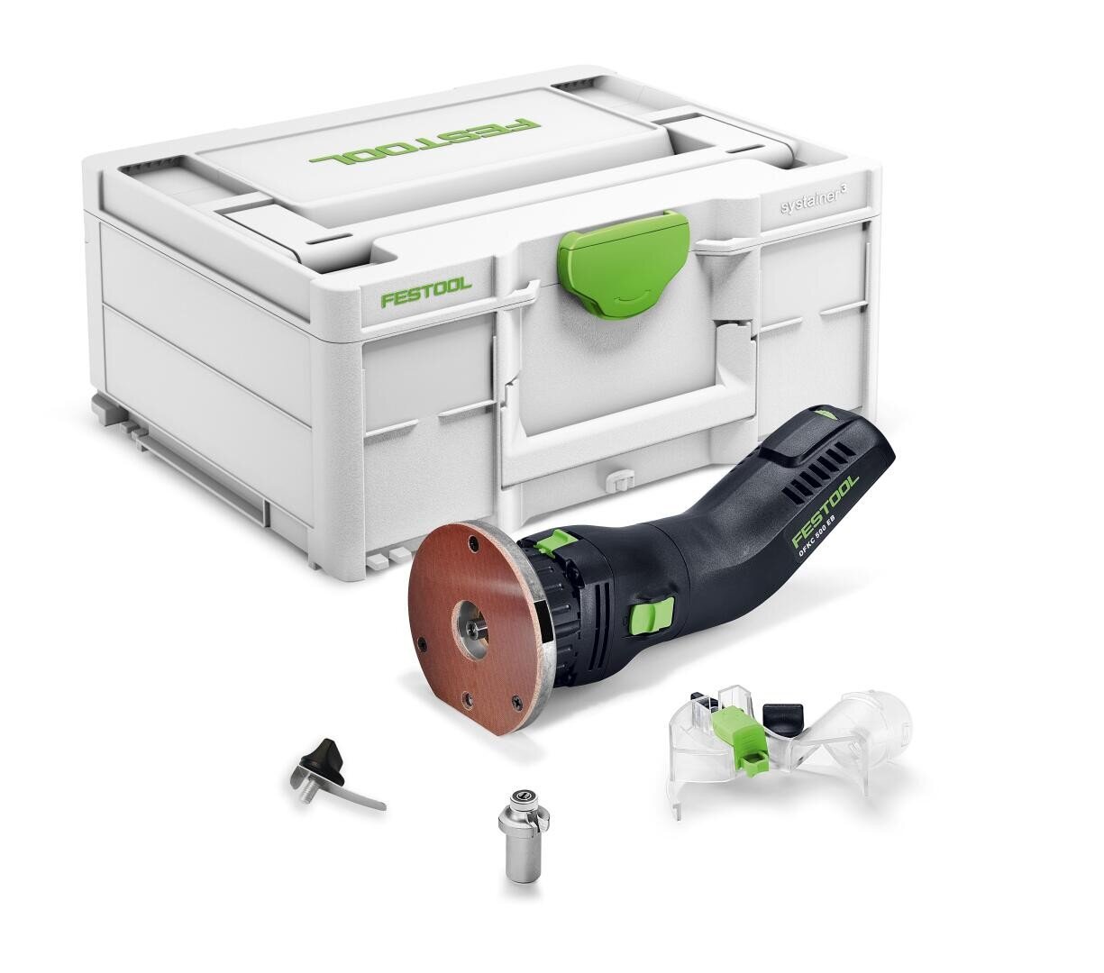 L'illustration représente un outil électrique portatif Festool noir et vert avec un embout de ponçage ou de coupe rond, avec différents accessoires et une mallette de rangement Festool blanche en arrière-plan.