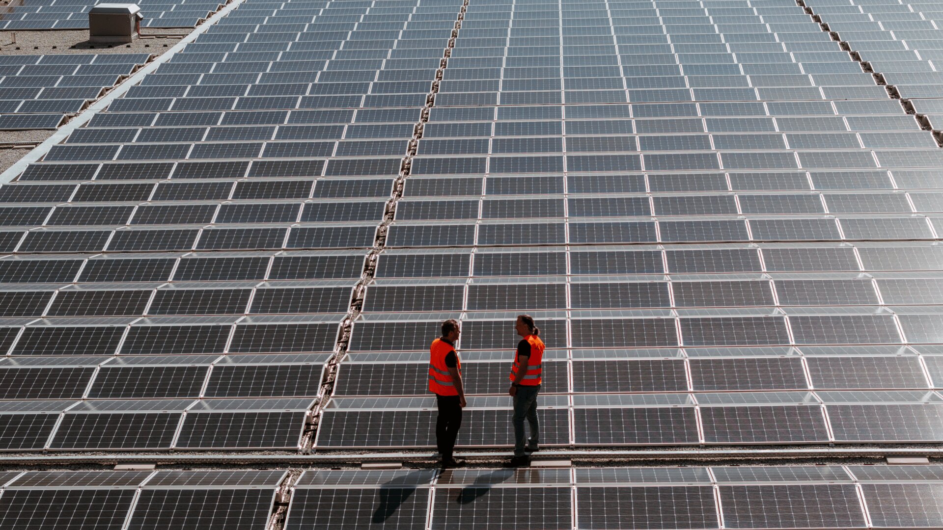 Zwei Personen mit orangefarbenen Sicherheitswesten stehen und unterhalten sich inmitten von Reihen großer Solarpaneele, die ein Dach bedecken, was auf eine Diskussion über Solarenergie oder Wartung schließen lässt.