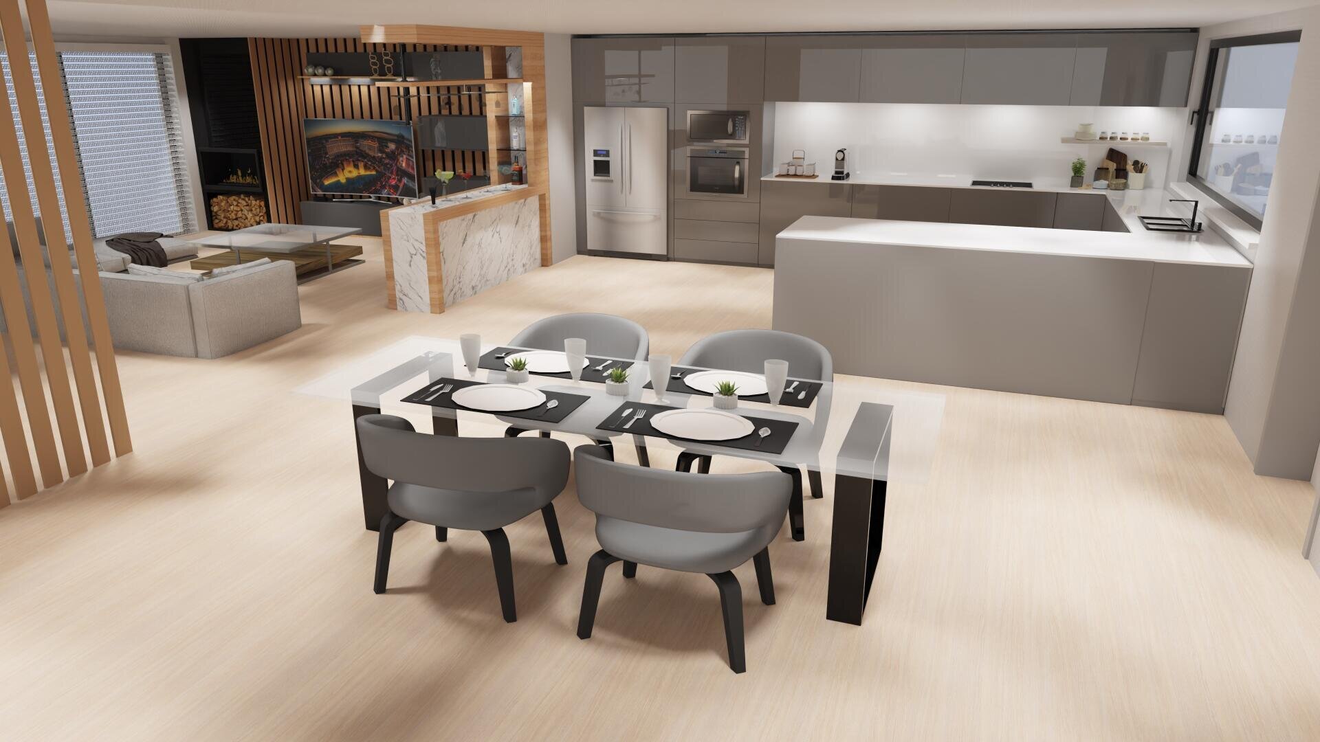 Cuisine et salle à manger ouvertes modernes avec une table en verre pour quatre personnes, des armoires grises sobres, un îlot central et un salon confortable avec une cheminée en arrière-plan.