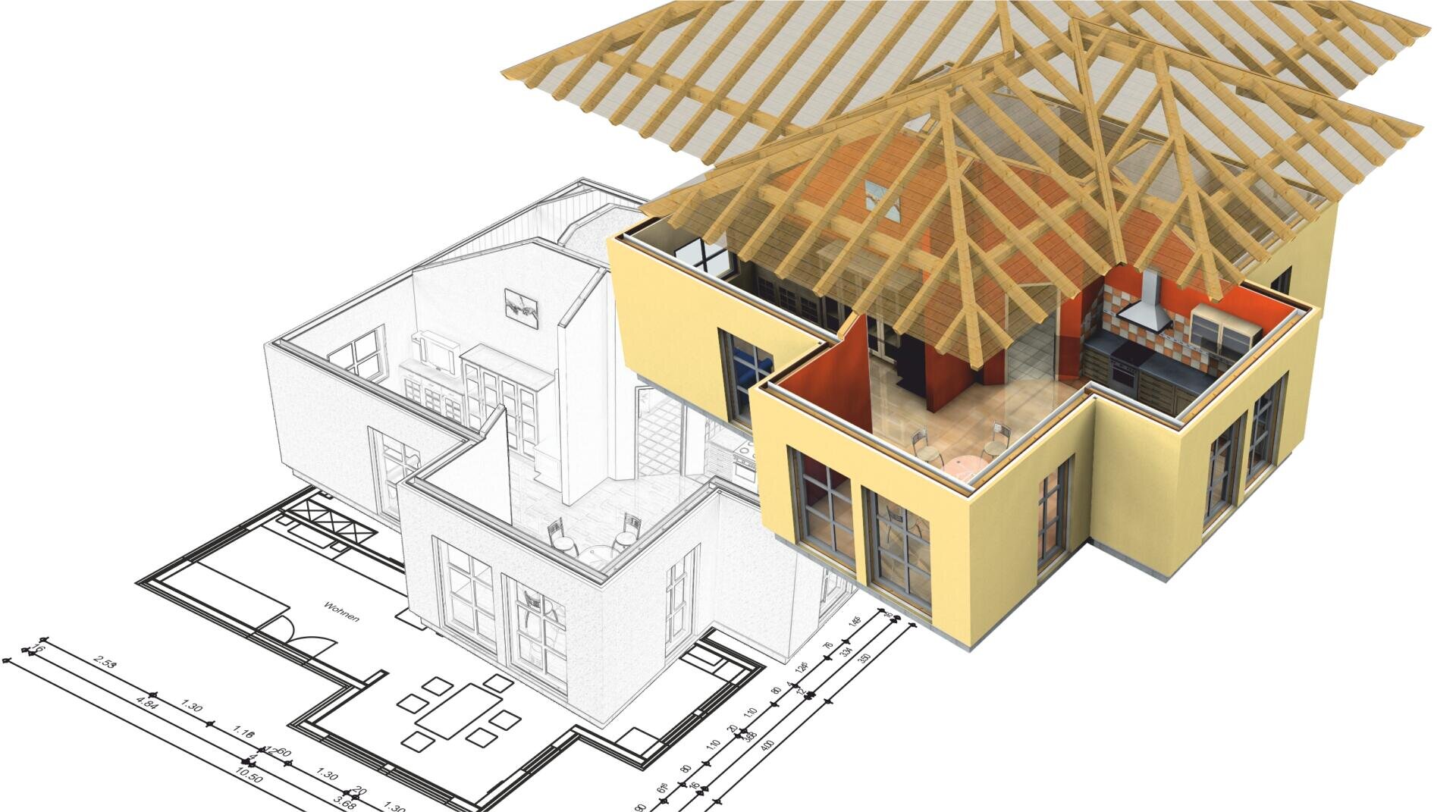 Un modèle 3D d'une maison se superpose partiellement à un plan en noir et blanc, montrant la structure du toit, les espaces intérieurs et les murs, et illustrant la transition entre le dessin d'architecture et le bâtiment fini.