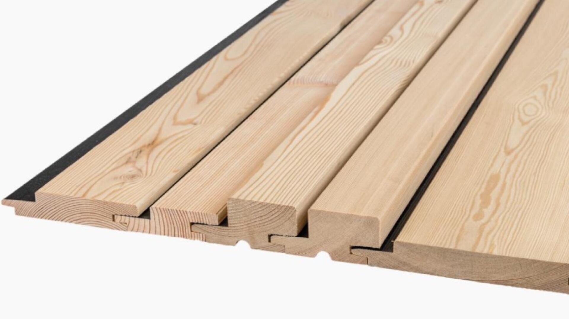 Helle Holzpaneele mit gerillter 3D-Oberfläche sind in einem versetzten Muster auf einem weißen Hintergrund angeordnet. Auf der linken Seite steht in großer Schrift "Kontrastline 3D.".