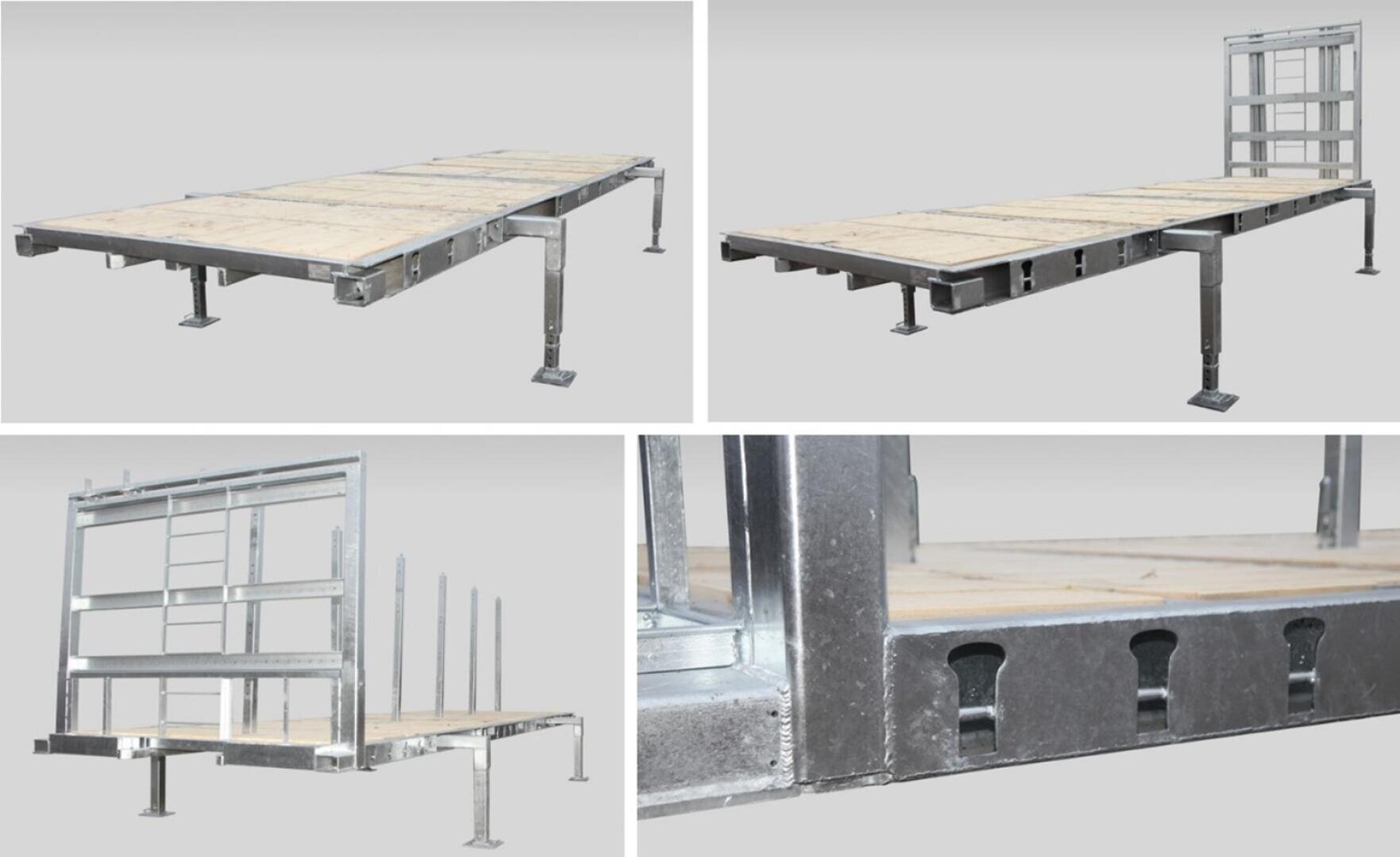 Vier Bilder zeigen verschiedene Winkel und Nahaufnahmen einer Metallrahmenplattform mit verstellbaren Beinen und einer Holzoberfläche, möglicherweise eine modulare oder tragbare Struktur. Ein Bild hebt einen Metallrahmen an einem Ende hervor.