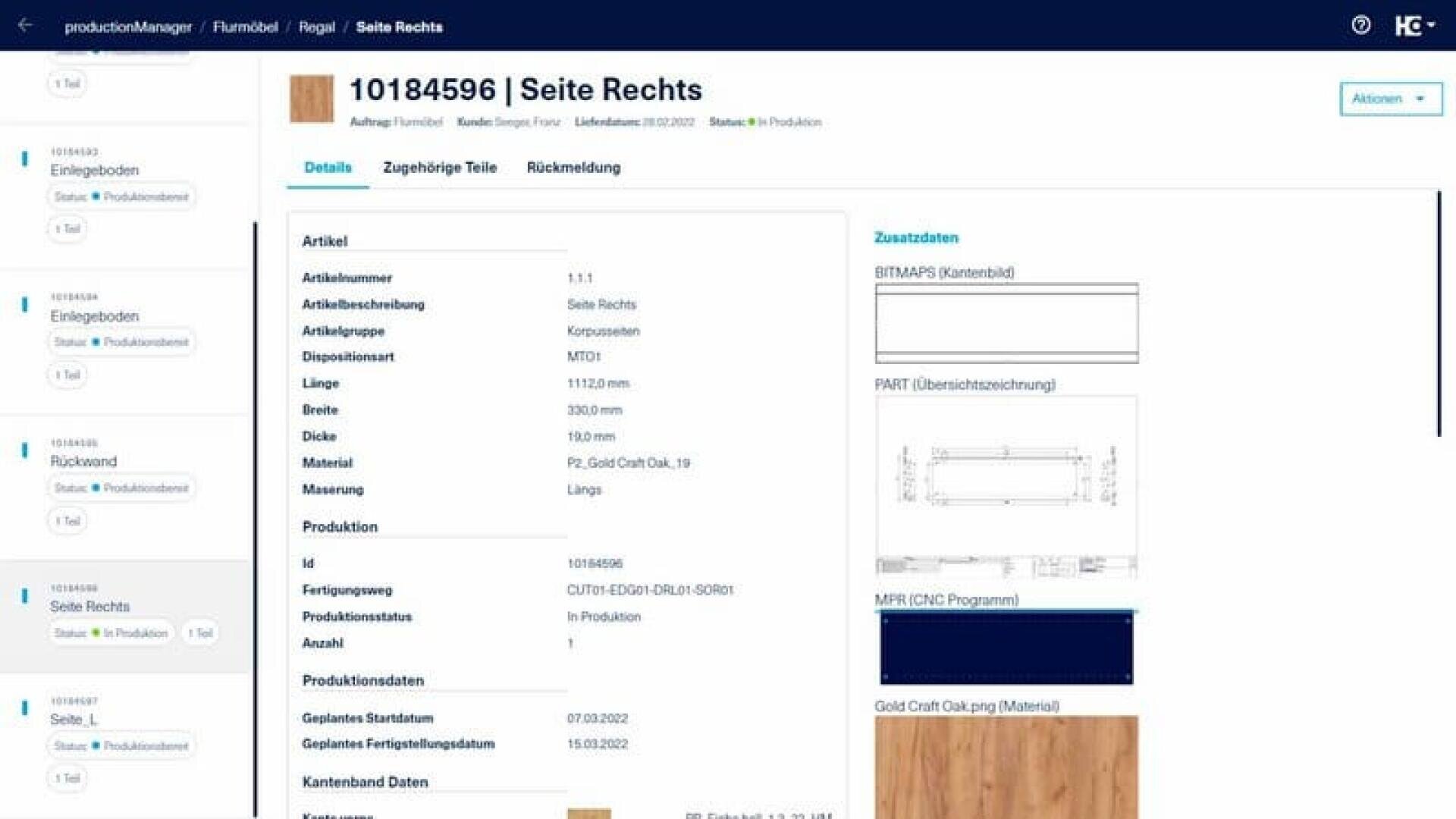 Screenshot einer Produktionsverwaltungssoftware, die Details zu einem Artikel mit der Bezeichnung Seite Rechts anzeigt. Der Bildschirm zeigt Artikelinformationen, Status und Vorschaubilder von technischen Zeichnungen und Materialmustern an.