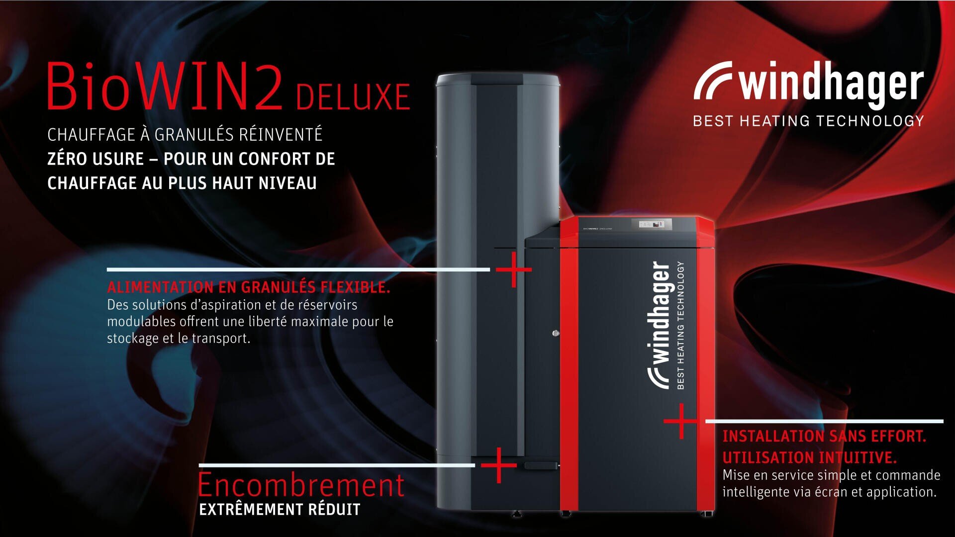 Image promotionnelle du système de chauffage Windhager BioWIN2 Deluxe, présentant une chaudière à granulés élégante avec un texte soulignant des caractéristiques telles que l'absence d'usure, l'alimentation flexible en granulés, la taille compacte et l'installation facile et efficace.