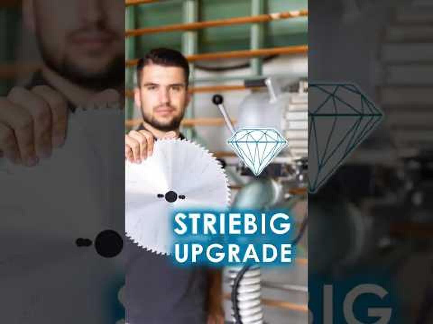 Un homme tient une lame de scie circulaire devant une machine à travailler le bois. Les mots « STRIEBIG UPGRADE » et un symbole en forme de diamant apparaissent en surimpression sur l'image.
