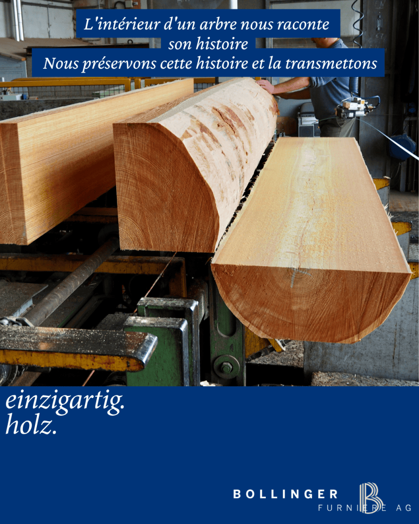 Une grande pièce de bois est en cours de traitement, montrant une grume coupée en deux dans le sens de la longueur, révélant le bois intérieur lisse. Des textes en français et en allemand font la promotion de l'artisanat du bois et de la société Bollinger Furnier AG.