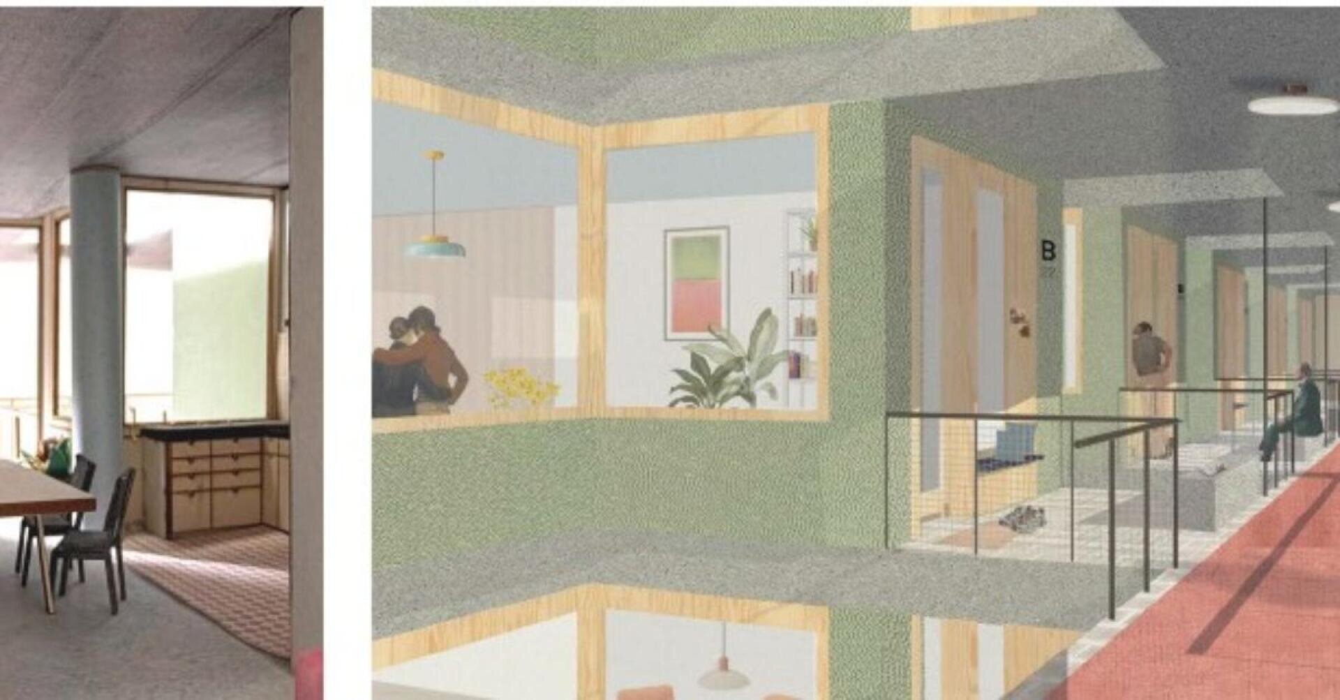 Zwei Bilder nebeneinander: Links ein modernes Esszimmer mit Holzmöbeln und großen Fenstern; rechts ein Flur in einer mehrstöckigen Wohnung mit grünen Wänden und Türen und Menschen, die in den Gemeinschaftsräumen interagieren.