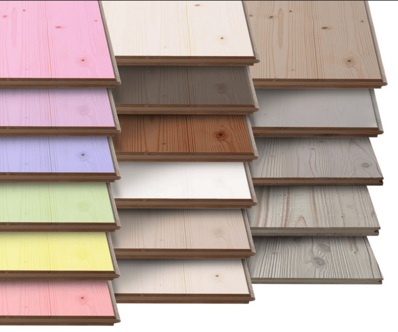 Plusieurs piles de planches de bois de différentes couleurs, dont le rose, le bleu, le jaune, l'orange, le blanc, le bois naturel, le gris et le beige, sont disposées selon un motif qui se chevauche.
