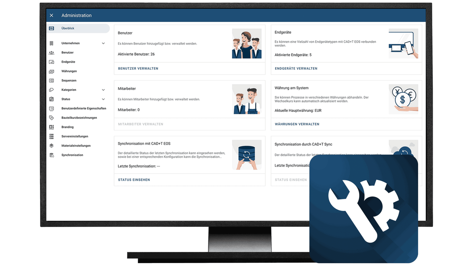 Auf einem Computerbildschirm wird ein Administrations-Dashboard in deutscher Sprache angezeigt, das Optionen zur Benutzerverwaltung, Synchronisierung und Systemeinstellungen bietet. Im Vordergrund ist ein blaues Einstellungssymbol mit Schraubenschlüssel und Zahnrad zu sehen.