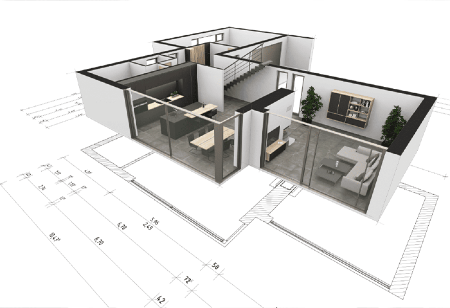 Plan d'étage 3D d'un intérieur de maison moderne avec des dimensions étiquetées, comprenant des bureaux, un coin salon avec des canapés, une bibliothèque et un escalier, représenté avec des murs partiels et de grandes fenêtres.
