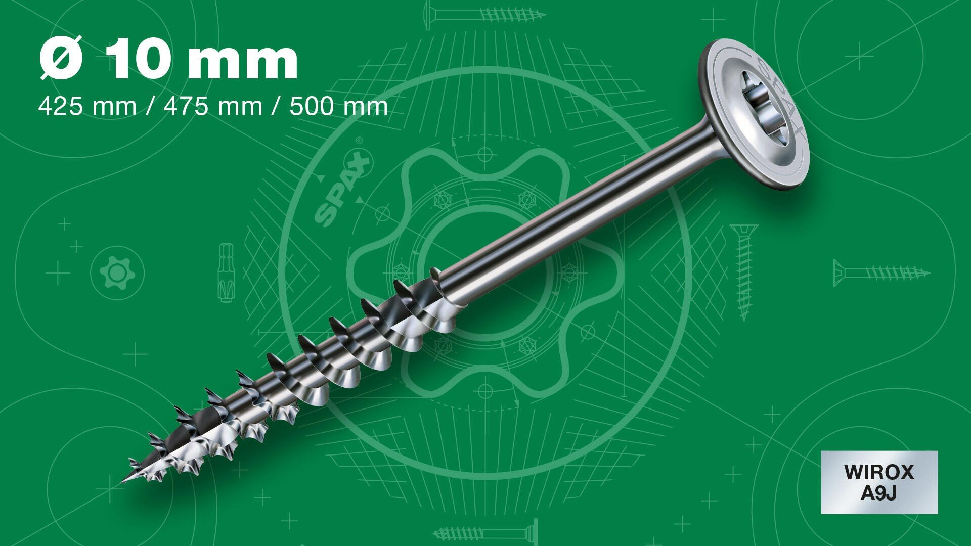 Nahaufnahme einer Metallschraube Ø10 mm auf grünem Grund mit technischen Zeichnungen, beschriftet mit den Längen 425 mm, 475 mm und 500 mm und einem WIROX A9J-Etikett in der Ecke.