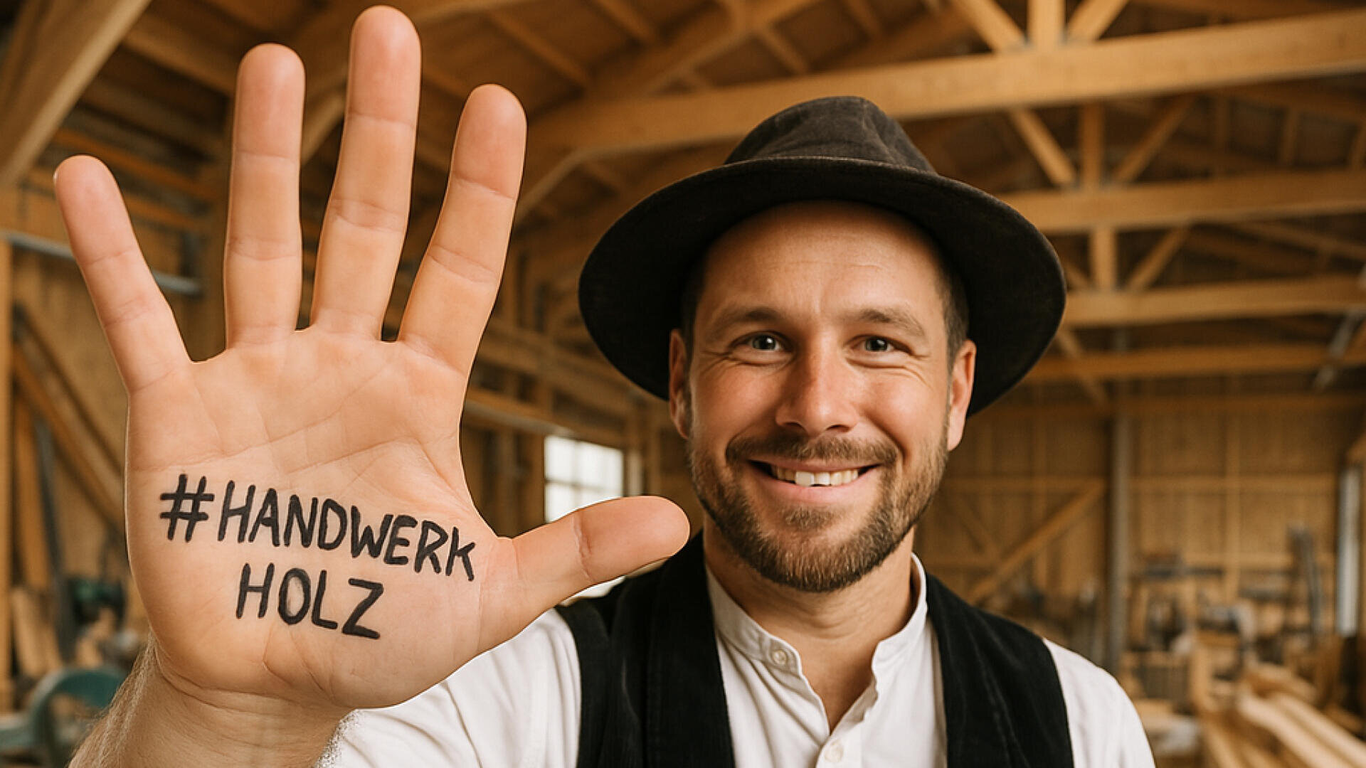 Ein lächelnder Zimmermann in traditioneller Arbeitskleidung und mit Hut hält seine Hand mit der Aufschrift #HANDWERKHOLZ in die Höhe und steht in einer Holzwerkstatt.