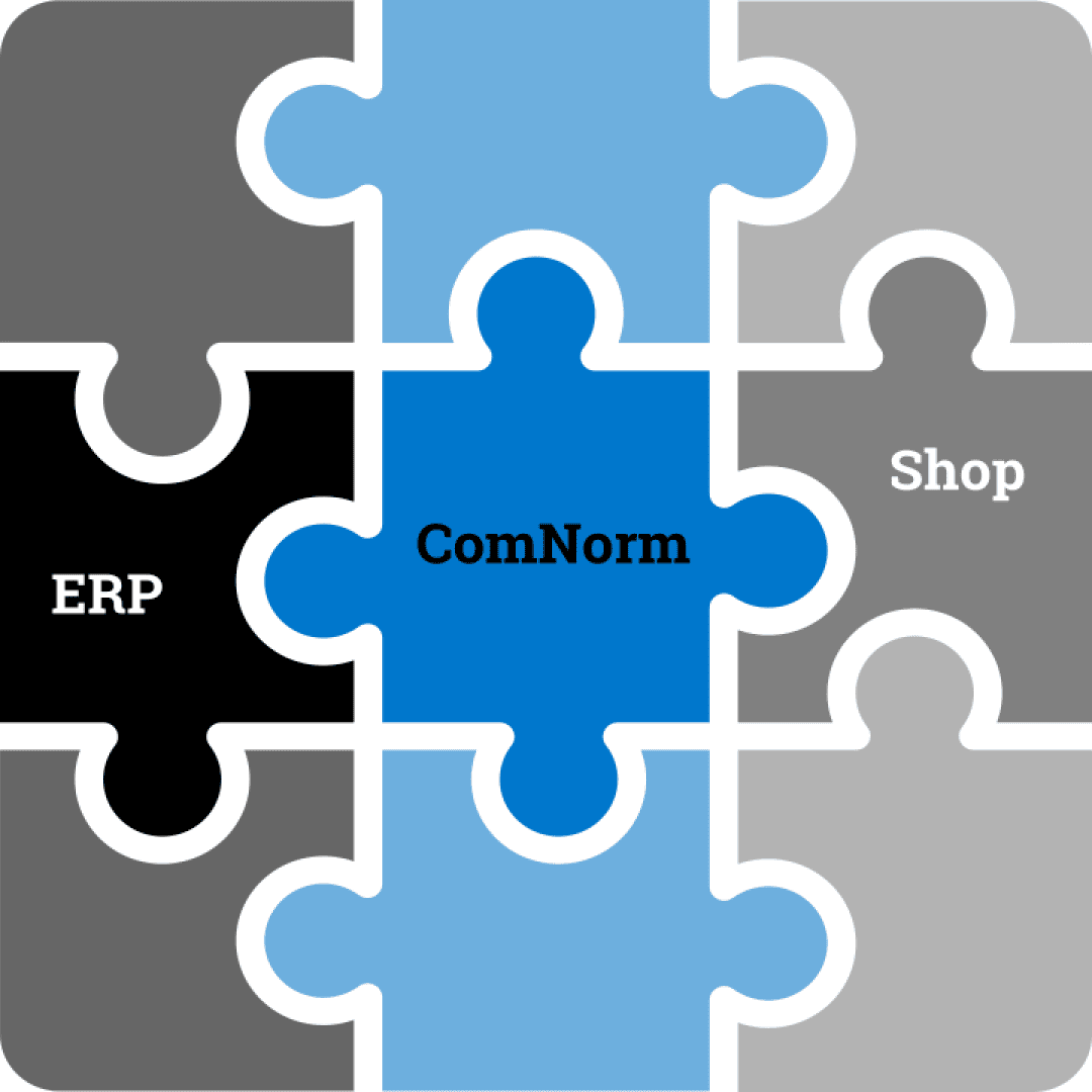 Eine Puzzlegrafik mit sechs ineinandergreifenden Teilen mit den Beschriftungen: ERP (schwarz), Shop (hellgrau) und ComNorm (blau, Mitte). Die umgebenden Teile sind in verschiedenen Grau- und Blautönen gehalten.
