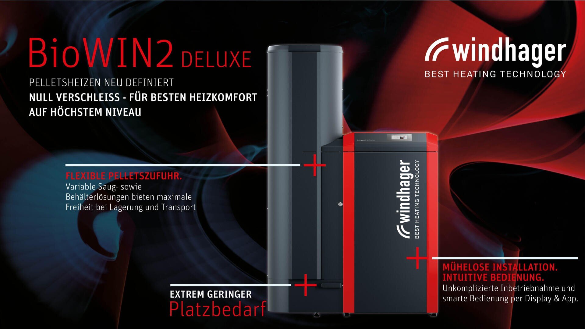 Werbebild für das Windhager BioWIN2 Deluxe Pellets-Heizsystem, das zwei Geräte vor einem roten Hintergrund zeigt. Der Text hebt Merkmale wie flexible Pelletszufuhr, kompakte Größe und einfache Installation hervor.