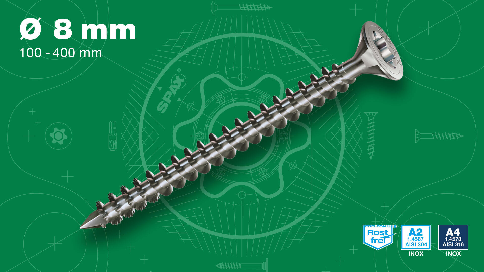 Nahaufnahme einer Metallschraube vor einem grünen Hintergrund mit technischen Zeichnungen, zeigt den Text: Ø 8 mm, 100-400 mm, und die Zertifizierungssymbole A2, A4 und Rostfrei.