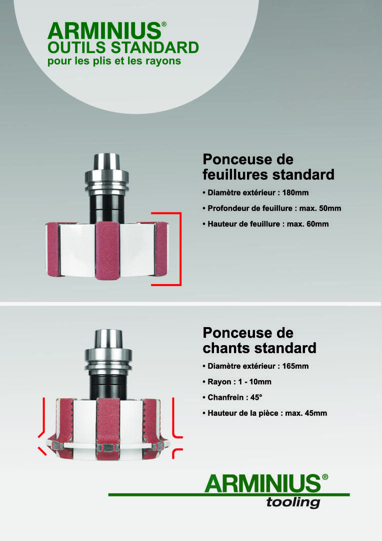 En haut : outil de ponçage cylindrique avec tampons abrasifs rouges et mesures. En bas : Outil de ponçage de chanfrein avec des tampons blancs angulaires et des mesures. Les deux sont étiquetés ARMINIUS, avec des descriptions et des spécifications en français.