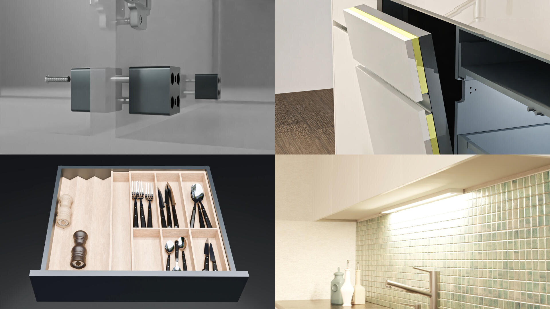 Eine Collage aus vier Bildern, die moderne Küchenelemente zeigen: ein Schrankscharnier, einen grifflosen Schrank, der geöffnet wird, eine Schublade mit geordnetem Besteck und eine Küchentheke mit gefliester Aufkantung und Unterschrankbeleuchtung.