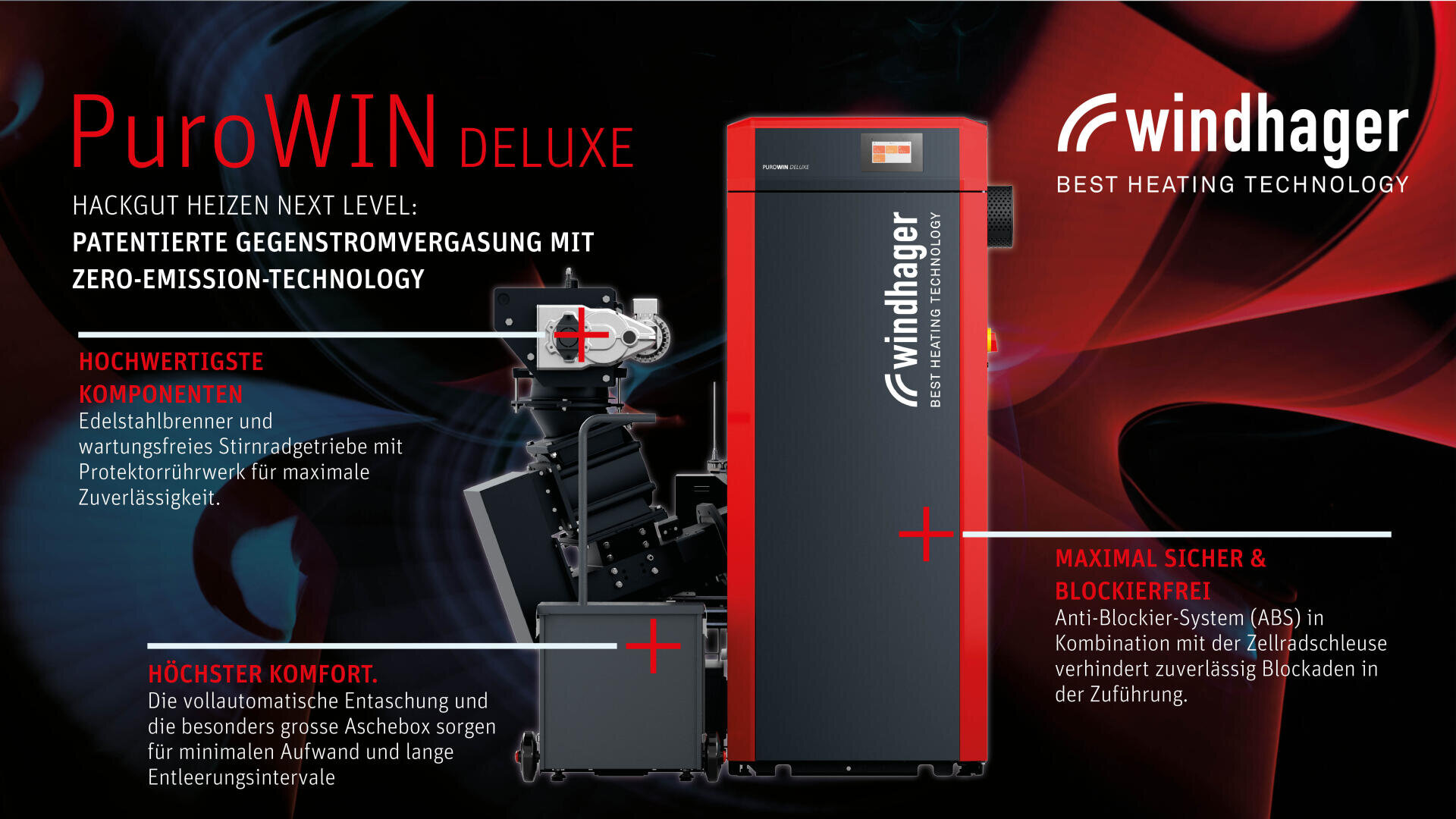 Ein rot-schwarzes Windhager PuroWIN Deluxe Holzpellet-Heizsystem ist ausgestellt, dessen Komponenten, Komfort- und Sicherheitstechnik vor einem dunklen Hintergrund mit abstrakten roten Streifen beschriftet sind.