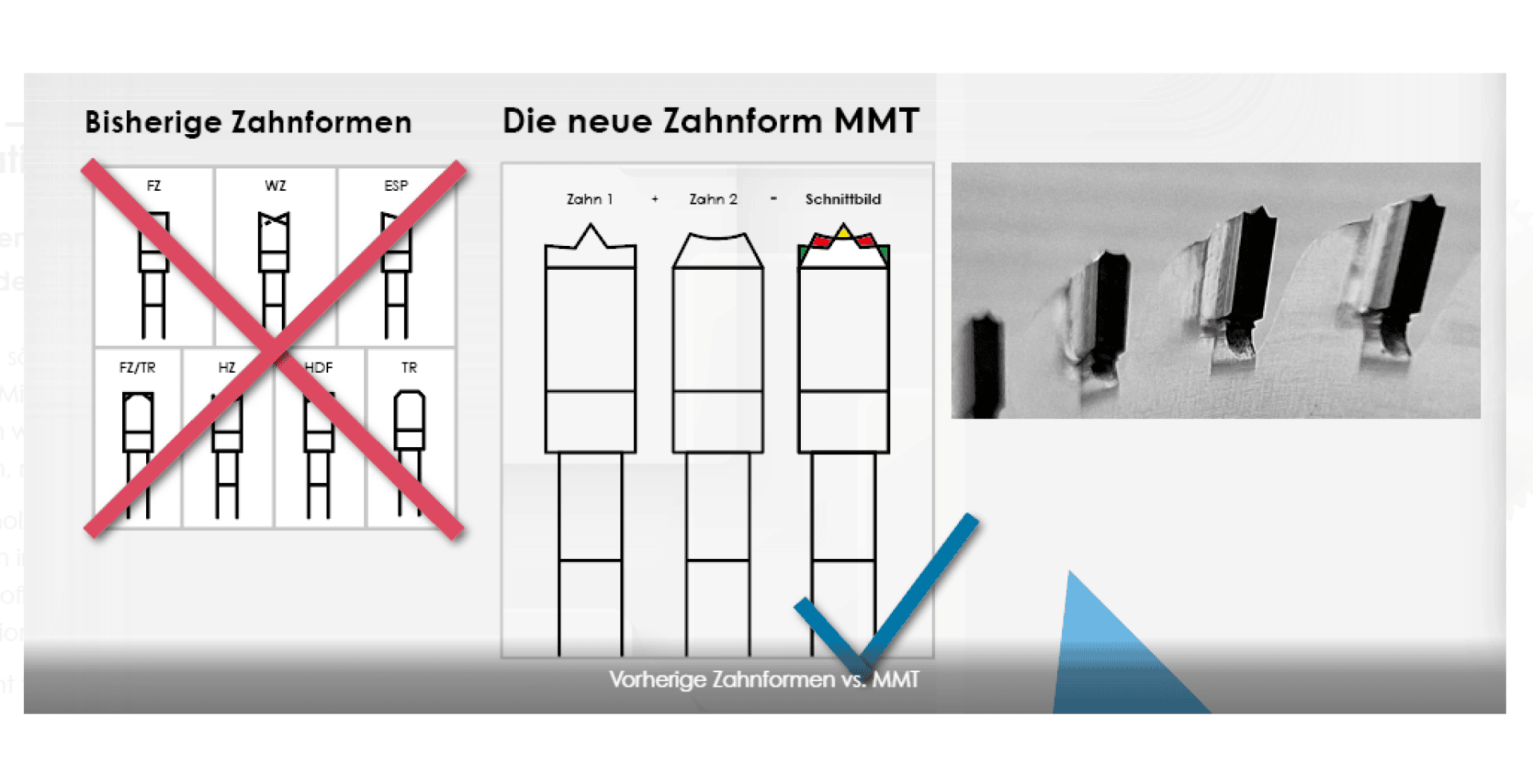 Tableau comparatif des anciennes et nouvelles formes de dents, avec les anciennes formes barrées en rouge à gauche, les nouveaux diagrammes de dents MMT au centre, et une photo de plusieurs dents d'outils à droite, surlignée d'une coche bleue.