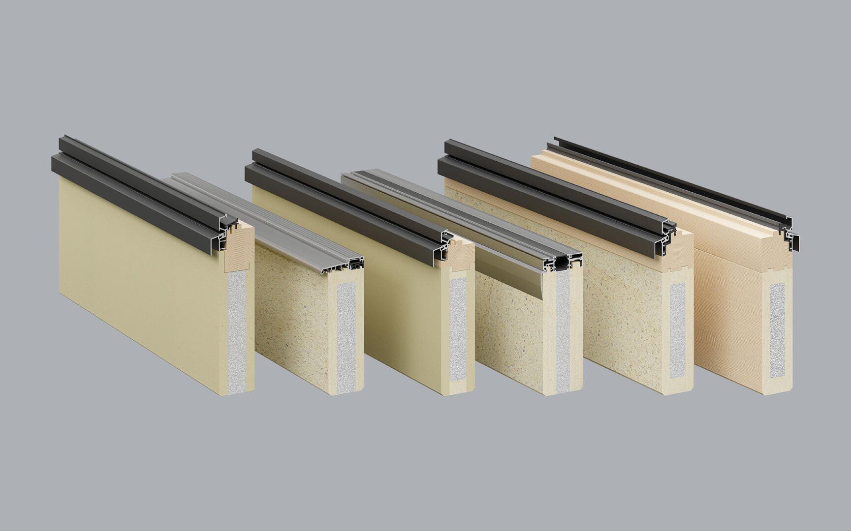 Six coupes transversales de portes industrielles sont présentées côte à côte sur un fond gris, chacune illustrant différents matériaux d'âme et finitions de surface, ainsi que des rails métalliques en haut pour les mécanismes de montage ou de coulissement.