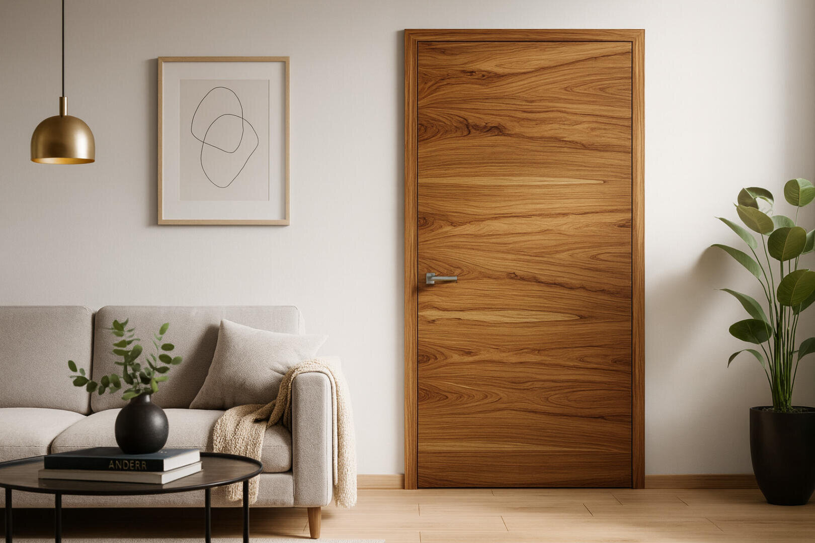 Ein modernes Wohnzimmer mit einem hellgrauen Sofa, einem runden schwarzen Couchtisch mit Topfpflanzen, einer großen Holztür, einem minimalistischen abstrakten Kunstwerk, einer goldenen Pendelleuchte und einer hohen Topfpflanze neben der Tür.