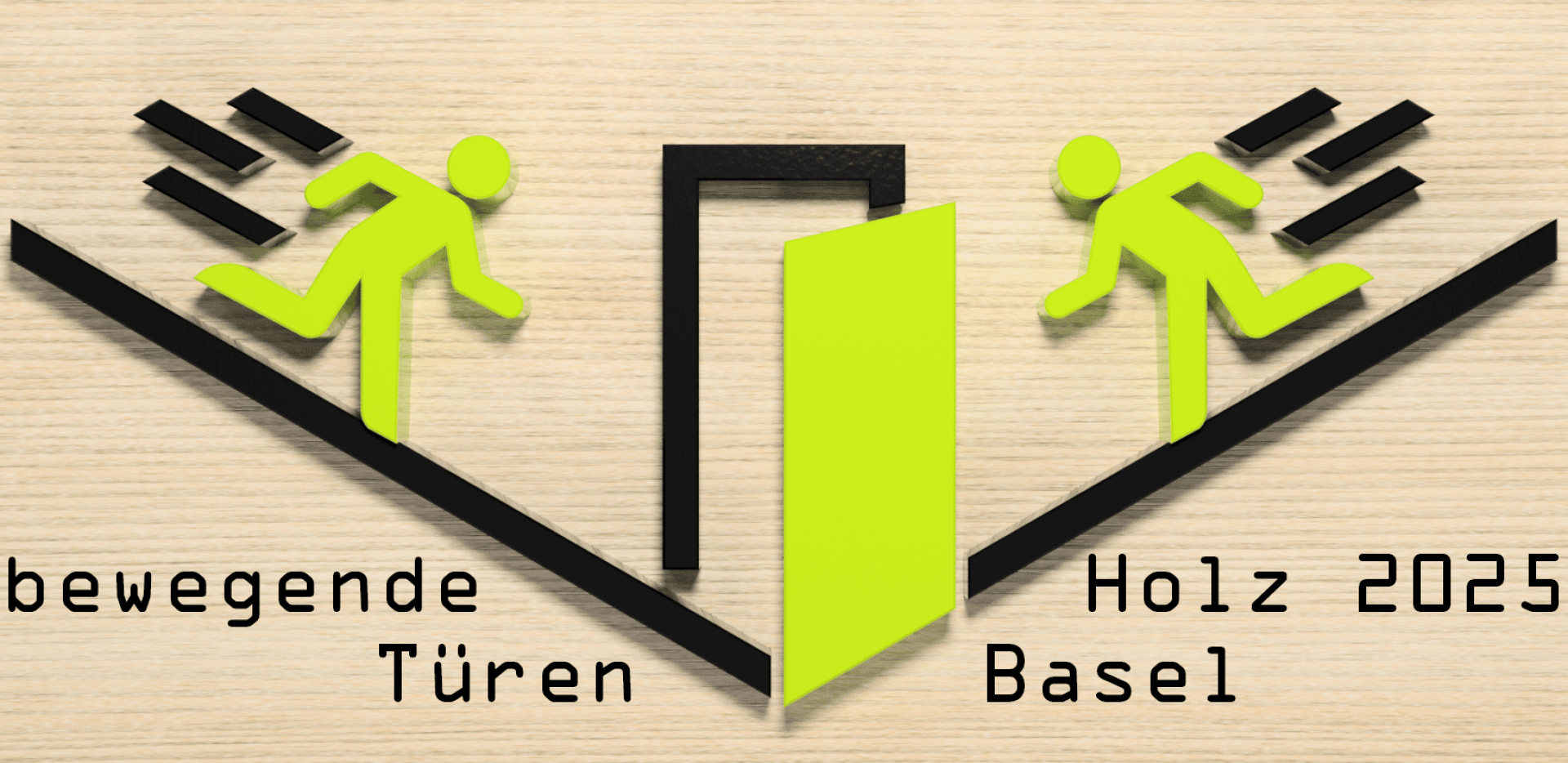 Zwei grüne Strichmännchen laufen von gegenüberliegenden Seiten auf eine offene Tür zu. Der Text lautet: „Bewegende Türen Holz Basel 2025.“.