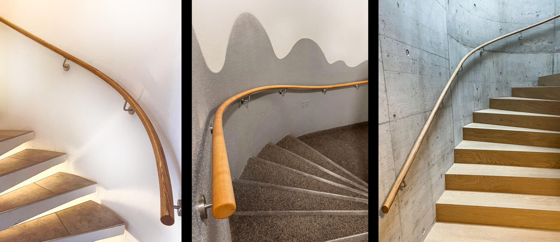 Trois types d'escaliers côte à côte : un escalier en carrelage clair avec une main courante en bois, un escalier en colimaçon avec de la moquette et une main courante en bois contre un mur ondulé et un escalier en bois avec une main courante contre un mur en béton.
