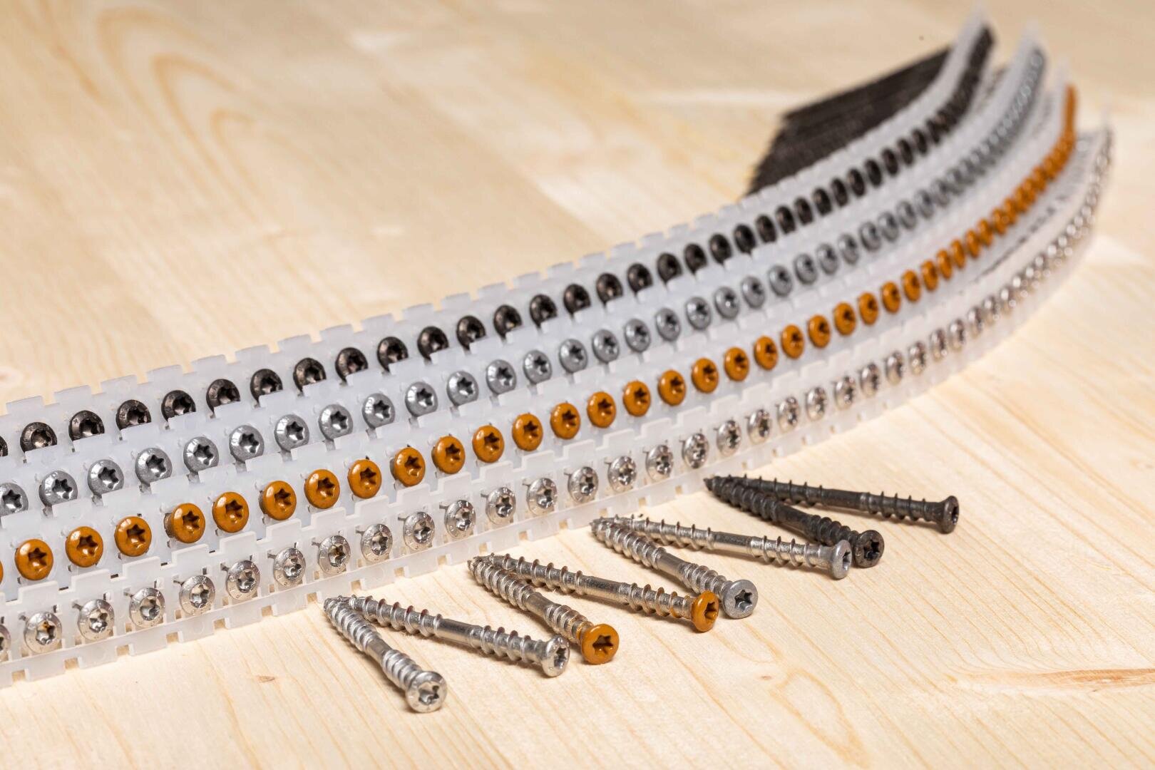 Des rangées de vis assorties de différentes couleurs - argent, bronze et noir - sont disposées en bandes de plastique sur une surface de bois clair, devant laquelle se trouvent des vis en vrac de couleurs assorties.