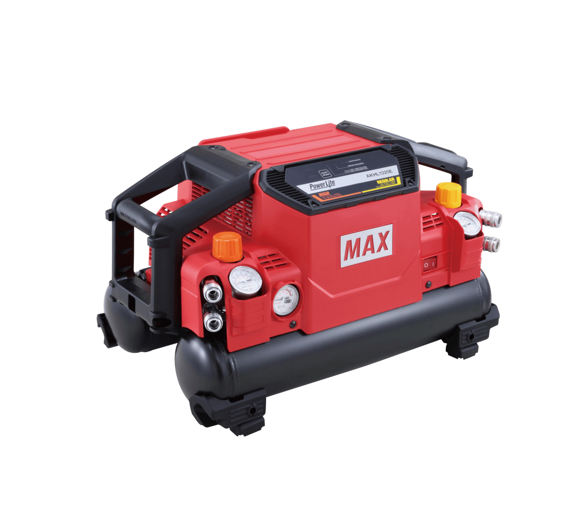 Ein rot-schwarzer tragbarer Luftkompressor mit Manometern, Drehknöpfen und Griffen, mit der Aufschrift MAX an der Seite, vor einem schlichten weißen Hintergrund.