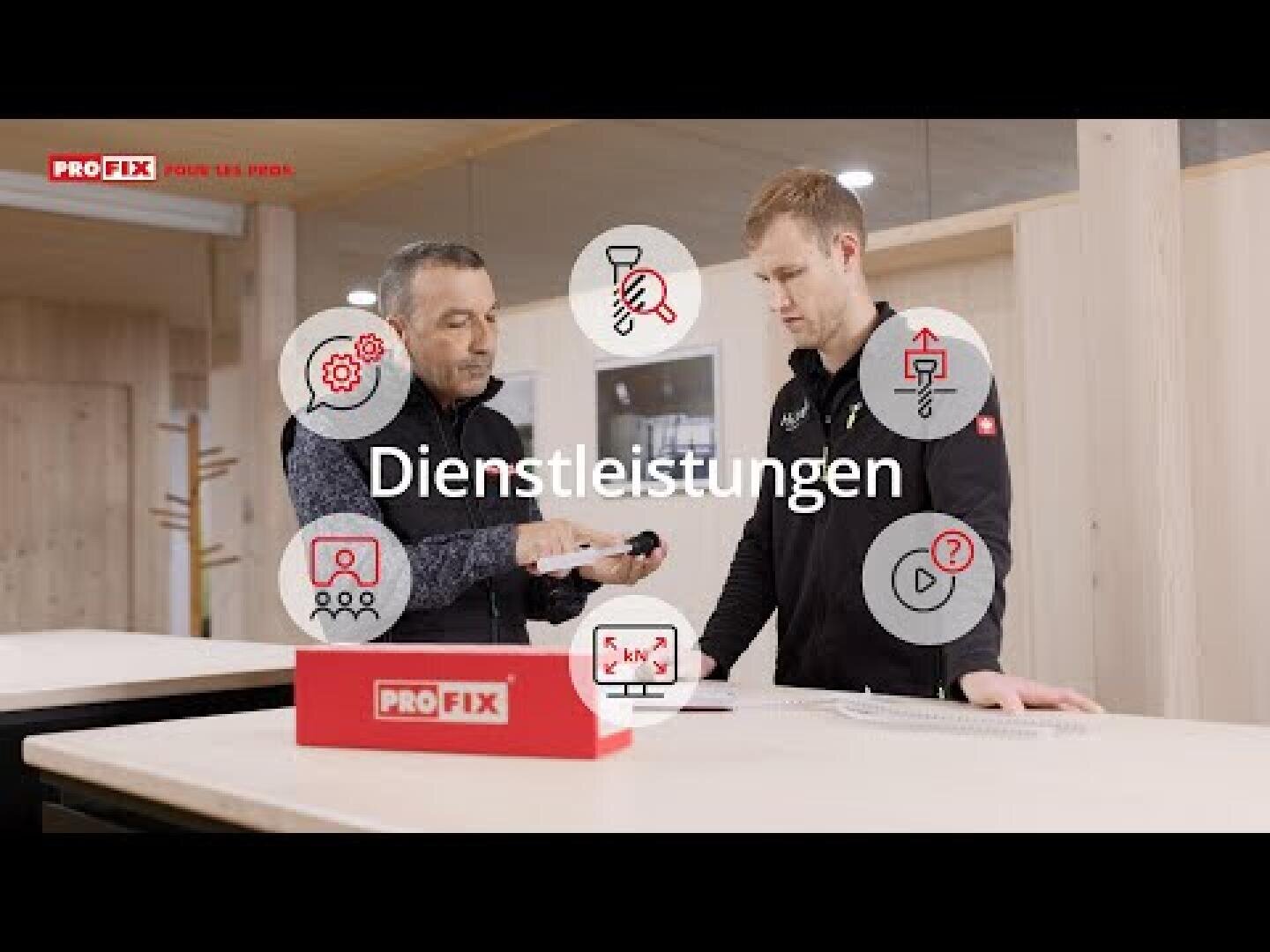 Zwei Männer stehen an einem Tisch und diskutieren in einem Büro über ein Produkt. Um sie herum befinden sich Icons, die Dienstleistungen darstellen. In der Mitte steht das Wort "Dienstleistungen". Auf dem Tisch steht eine rote PROfix-Box.