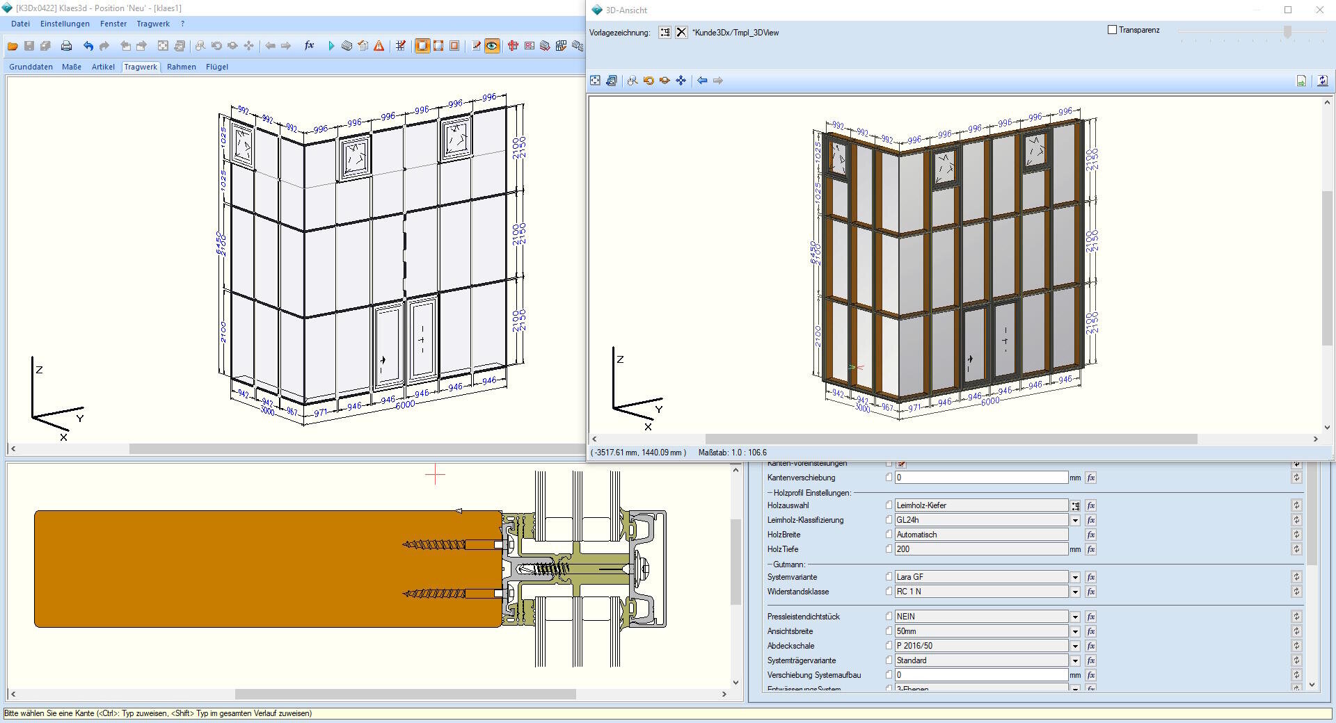 Eine CAD-Softwareoberfläche, die technische 3D- und 2D-Zeichnungen eines Wandpaneelsystems zeigt, einschließlich struktureller Schnitte, Messungen und detaillierter Komponenteneinstellungen im unteren Bedienfeld.
